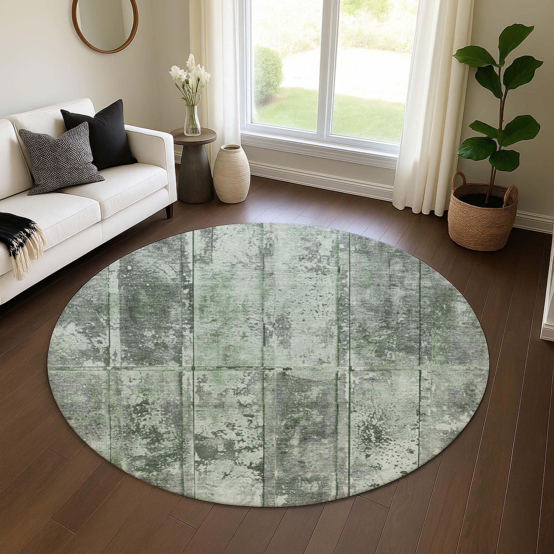Athens Machine Washable Transitional Green Rug 8' x 8' #shape_Round