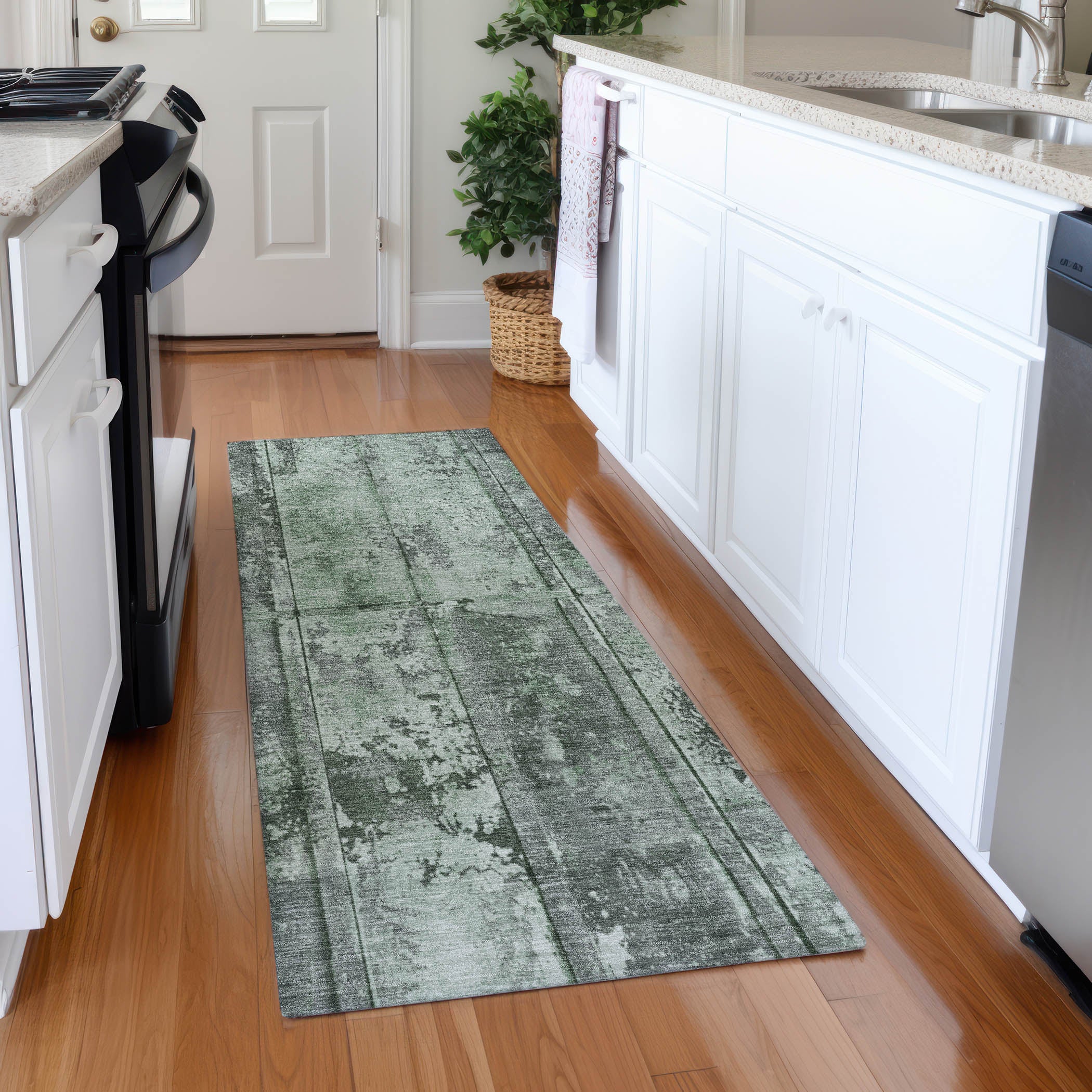 Athens Machine Washable Transitional Green Rug 2'3" x 7'6" #shape_Runner