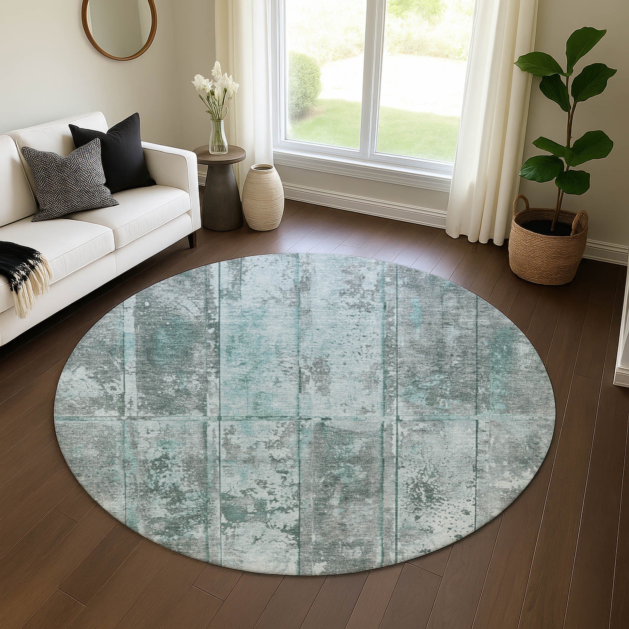 Athens Machine Washable Transitional Teal Rug 8' x 8' #shape_Round