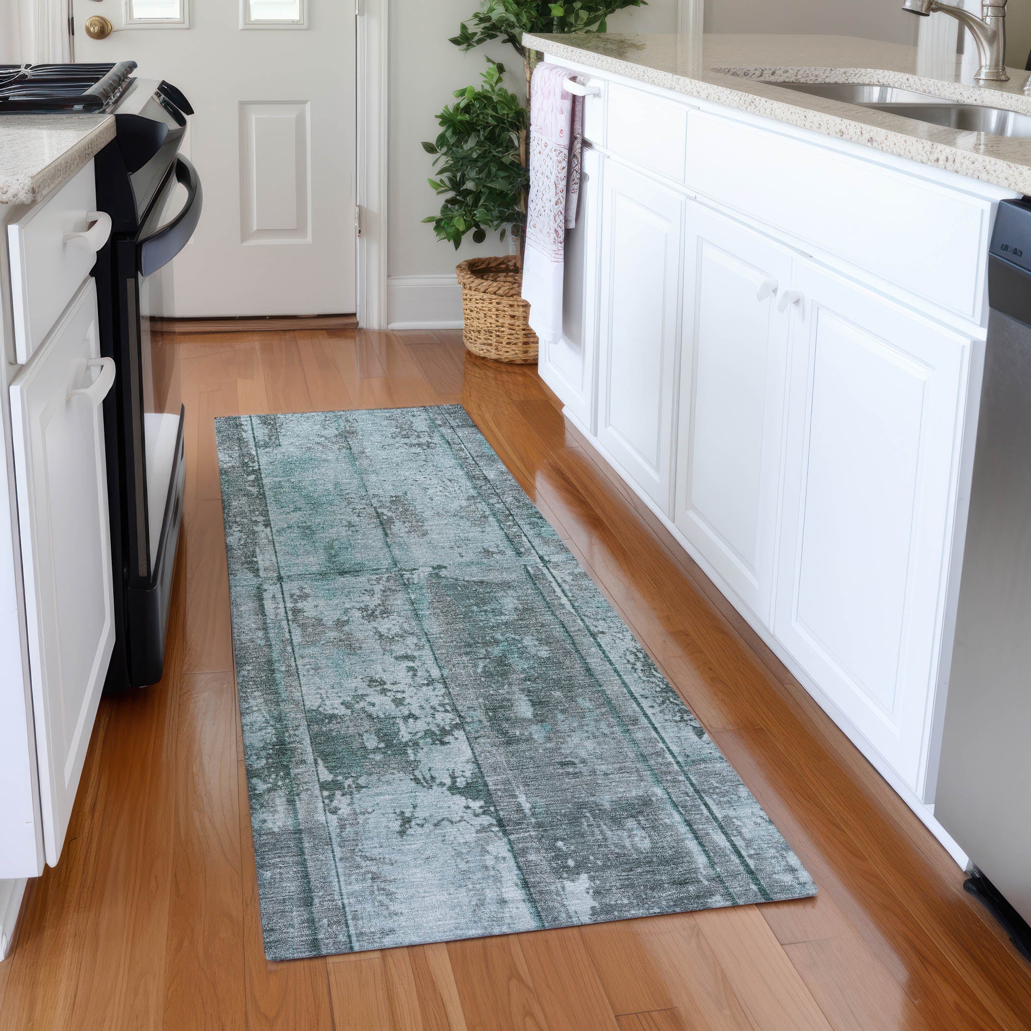 Athens Machine Washable Transitional Teal Rug 2'3" x 7'6" #shape_Runner