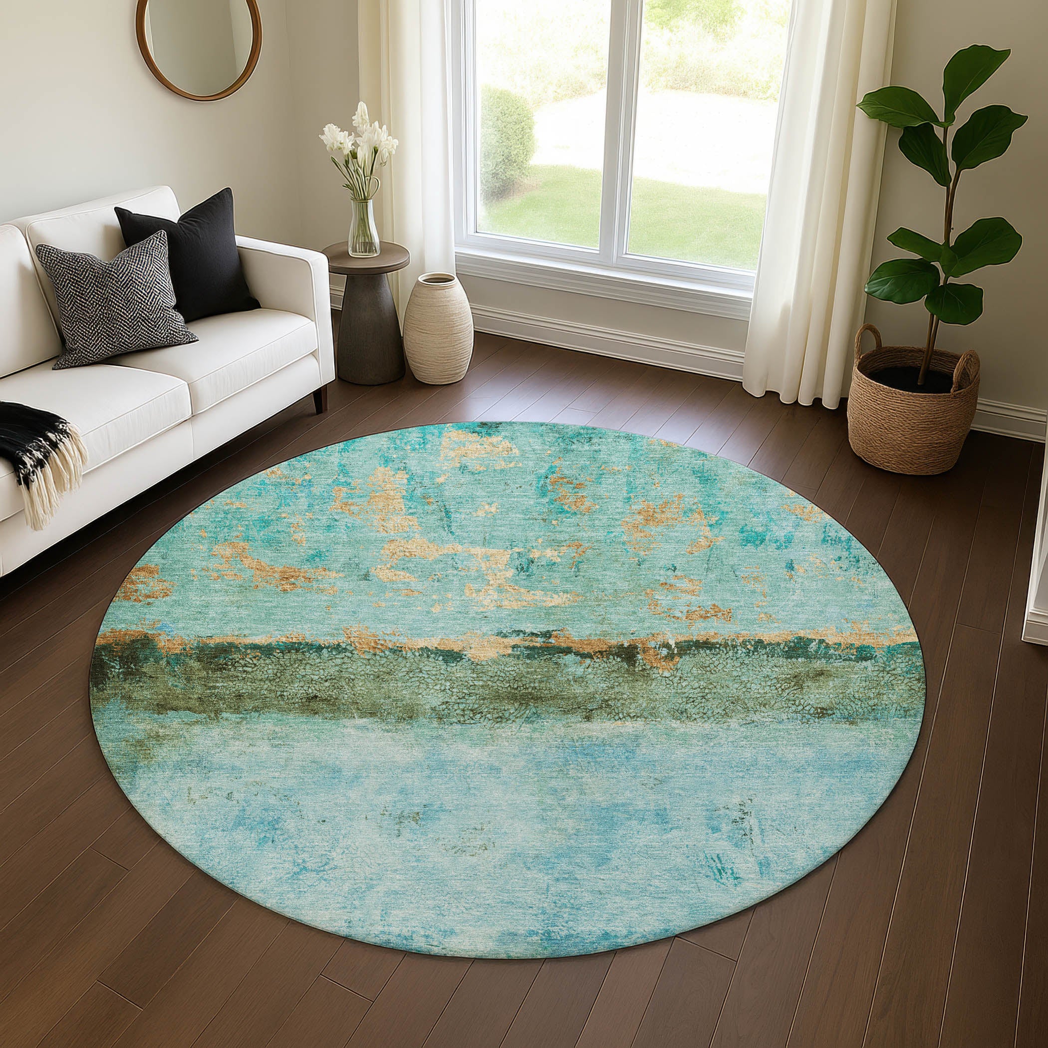 Jaipur Machine Washable Transitional Teal Rug 8' x 8' #shape_Round