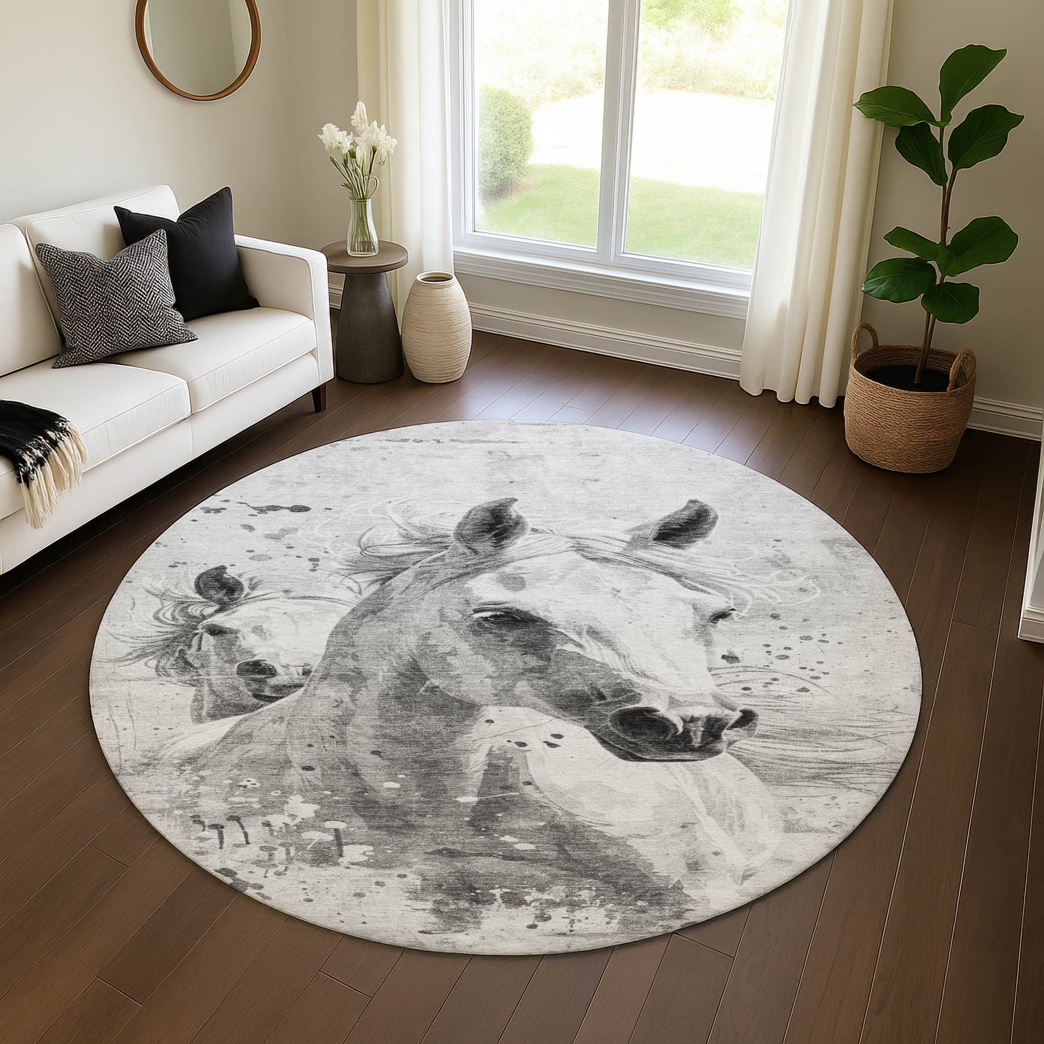 Split Machine Washable Transitional Gray Rug 8' x 8' #shape_Round