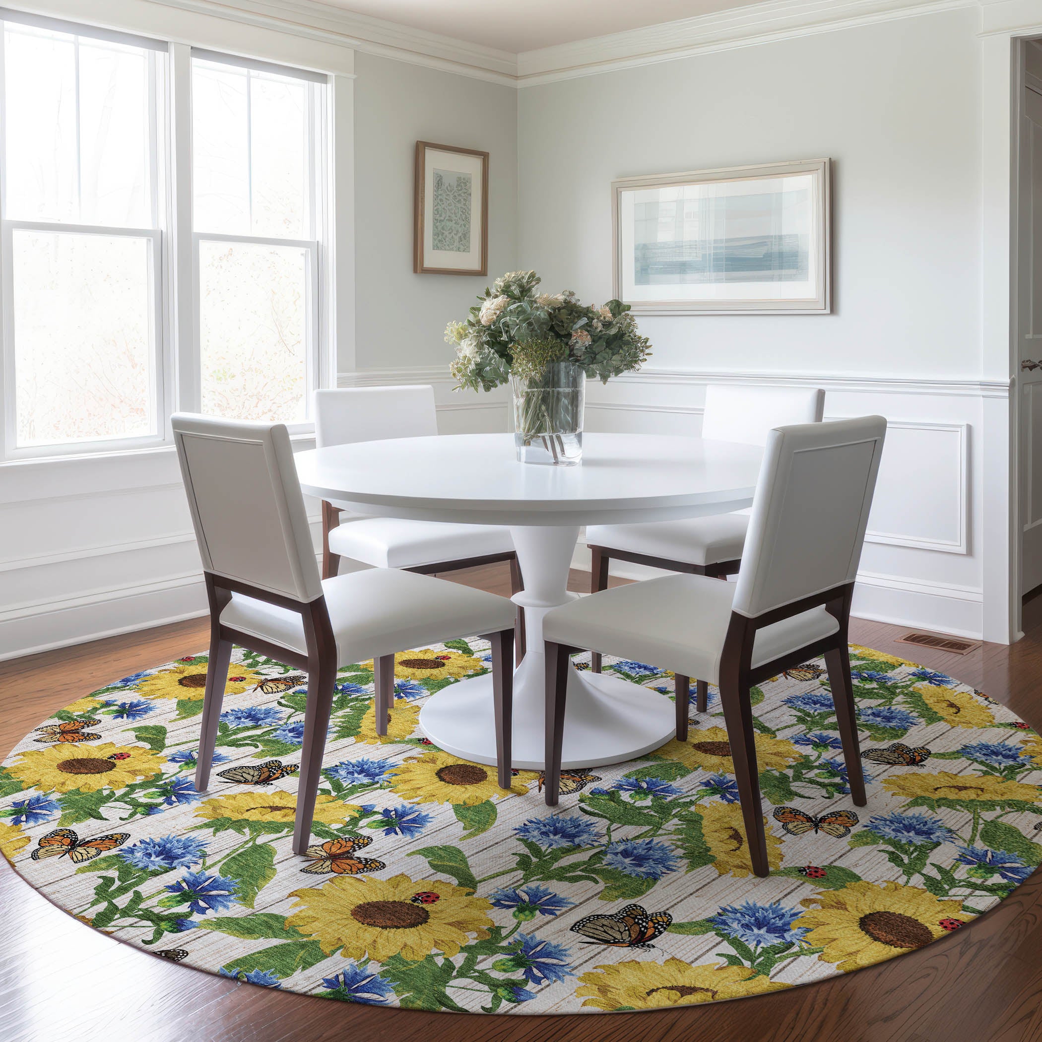 Oslo Machine Washable Kitchen Yellow Beige Rug 8' x 8' #shape_Round