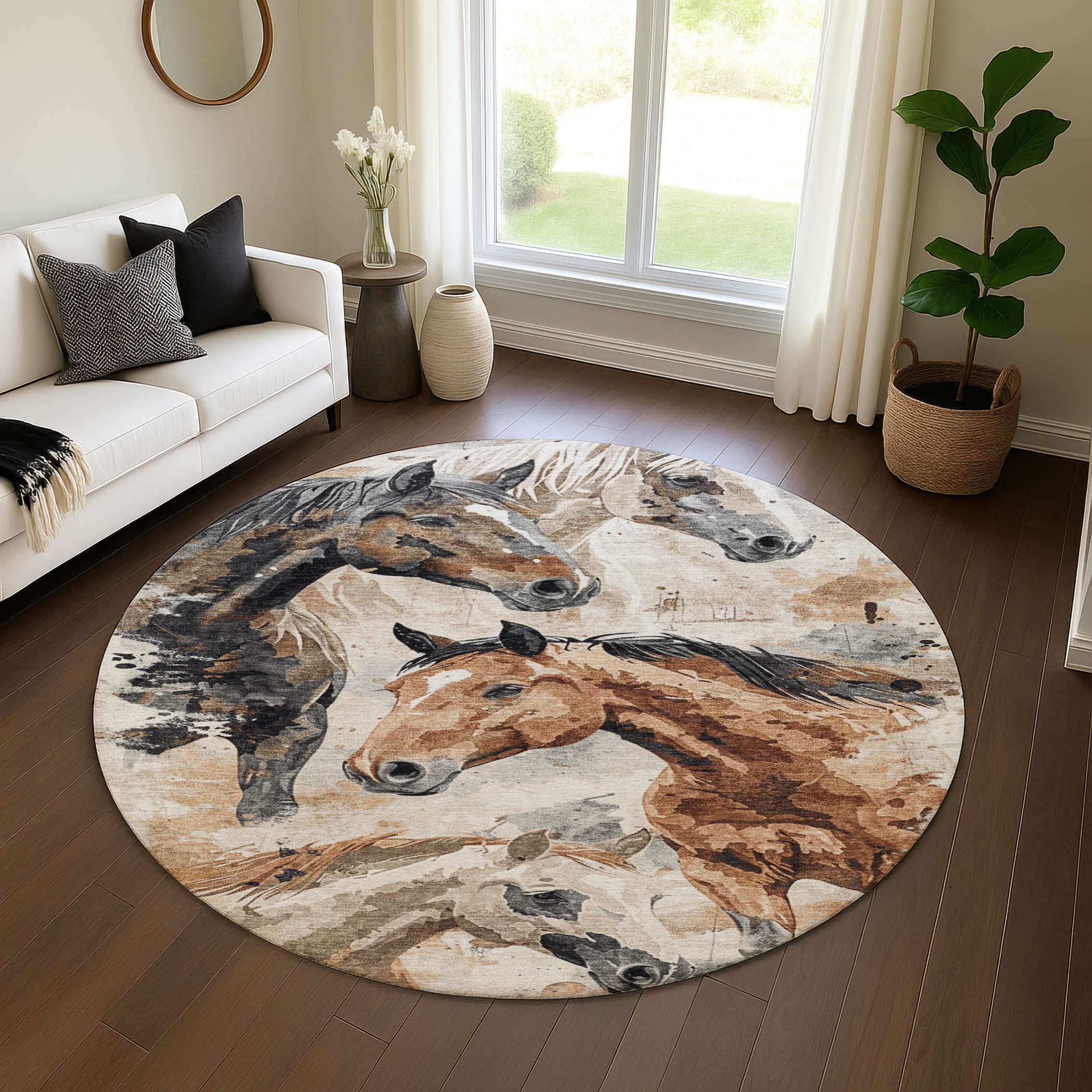 Oslo Machine Washable Transitional Beige Brown Rug 8' x 8' #shape_Round
