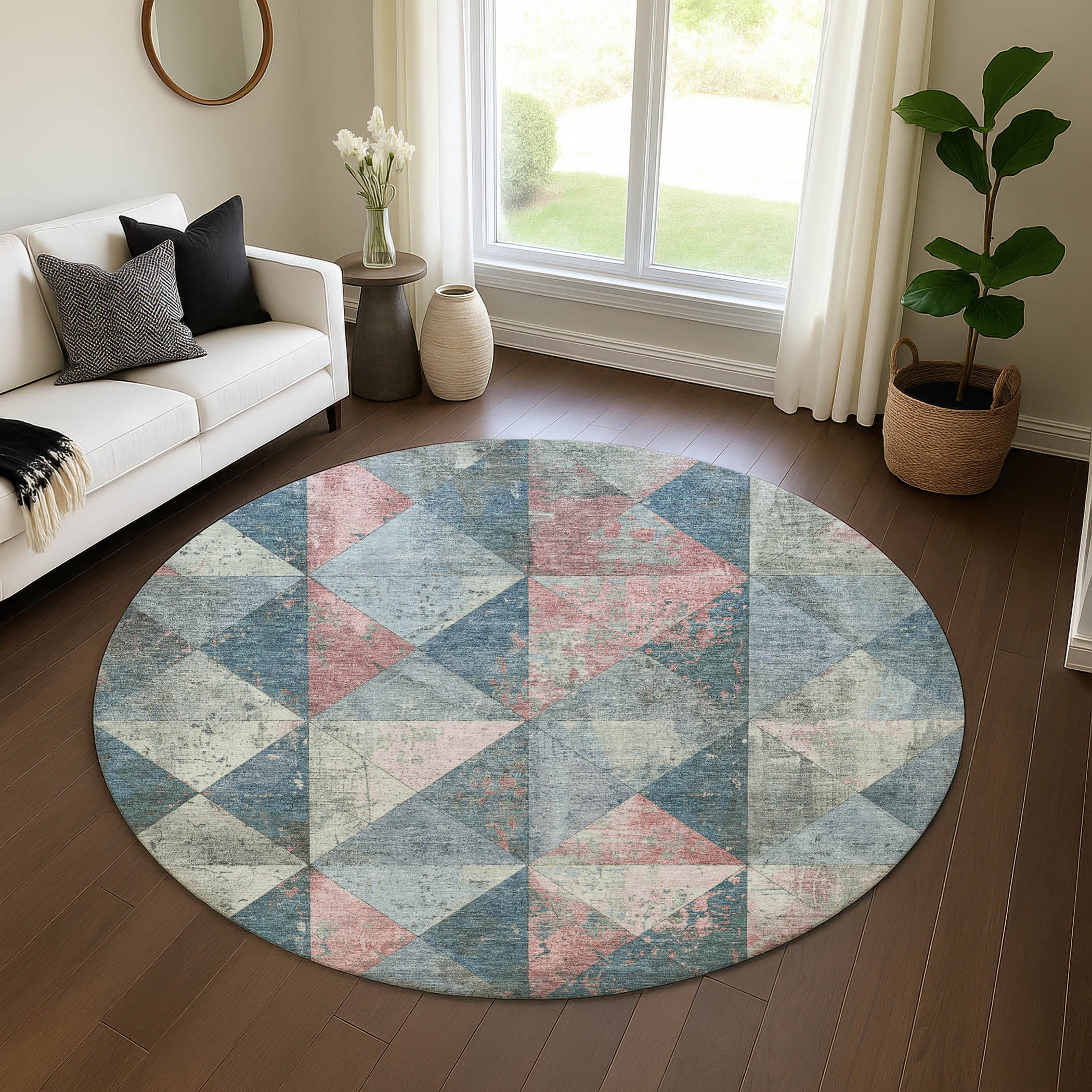 Havana Machine Washable Transitional Denim Blue Rug 8' x 8' #shape_Round
