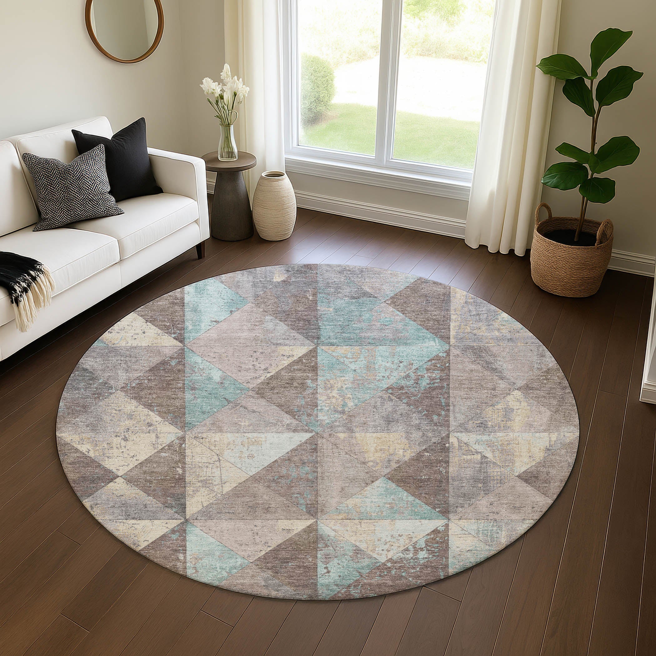 Havana Machine Washable Transitional Mocha Brown Rug 8' x 8' #shape_Round