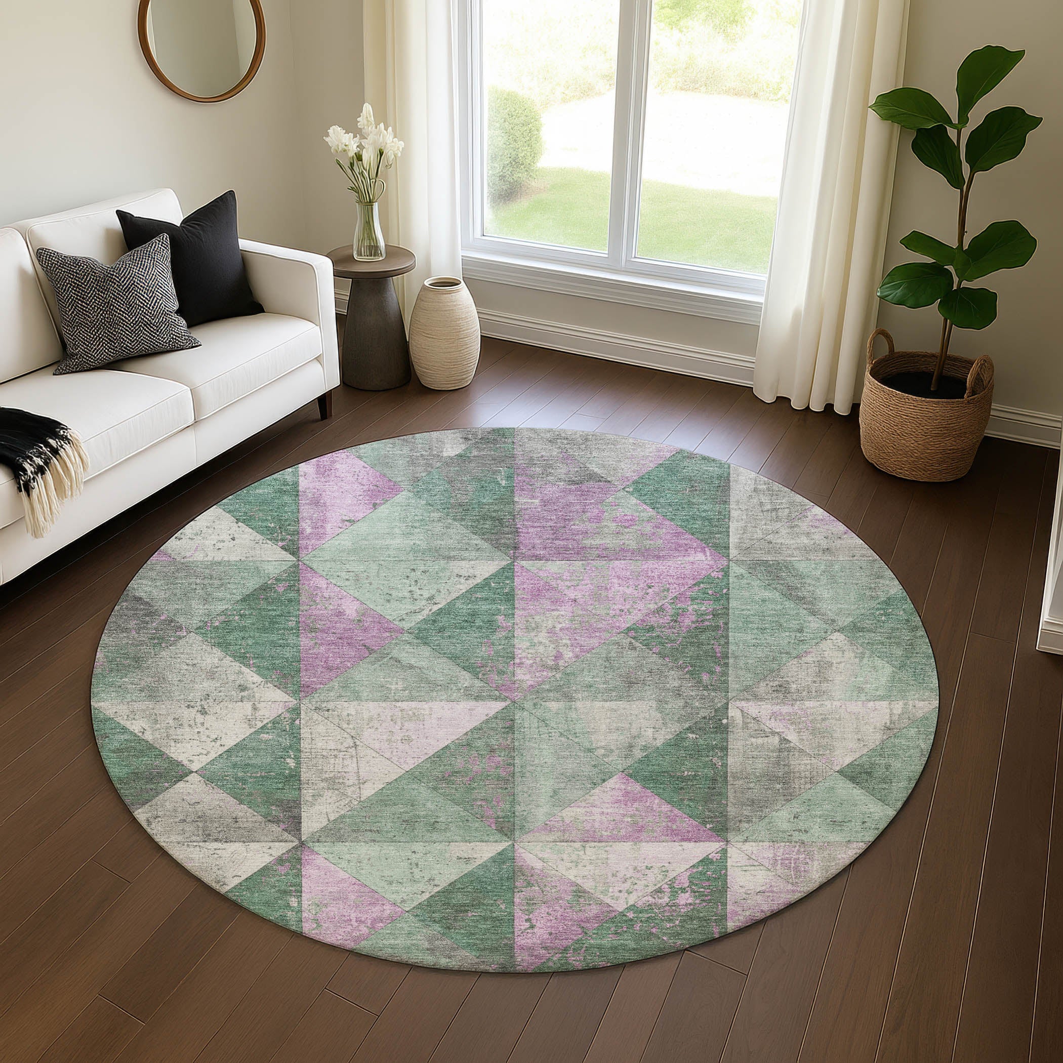 Havana Machine Washable Transitional Sage Green Rug 8' x 8' #shape_Round