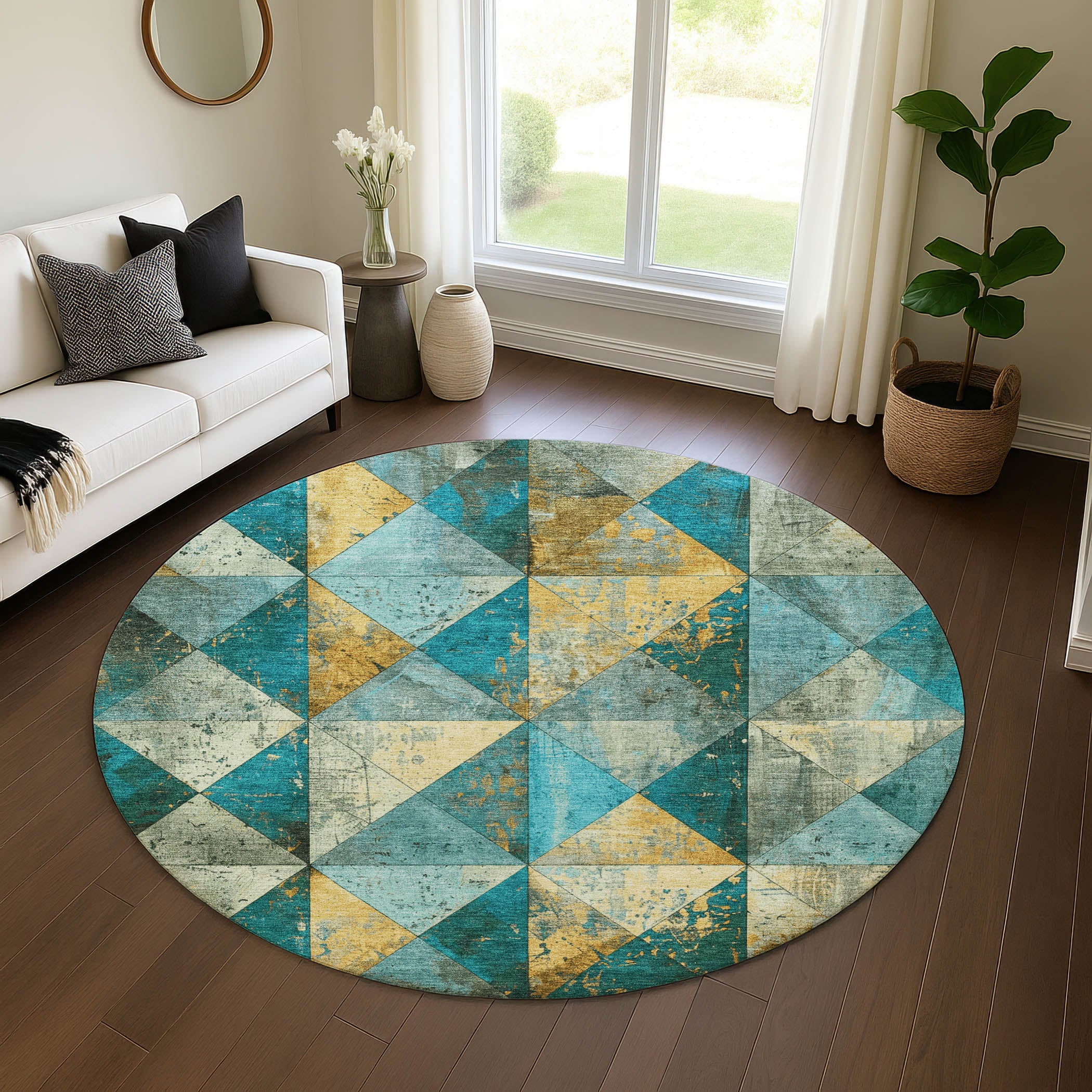 Havana Machine Washable Transitional Teal Rug 8' x 8' #shape_Round