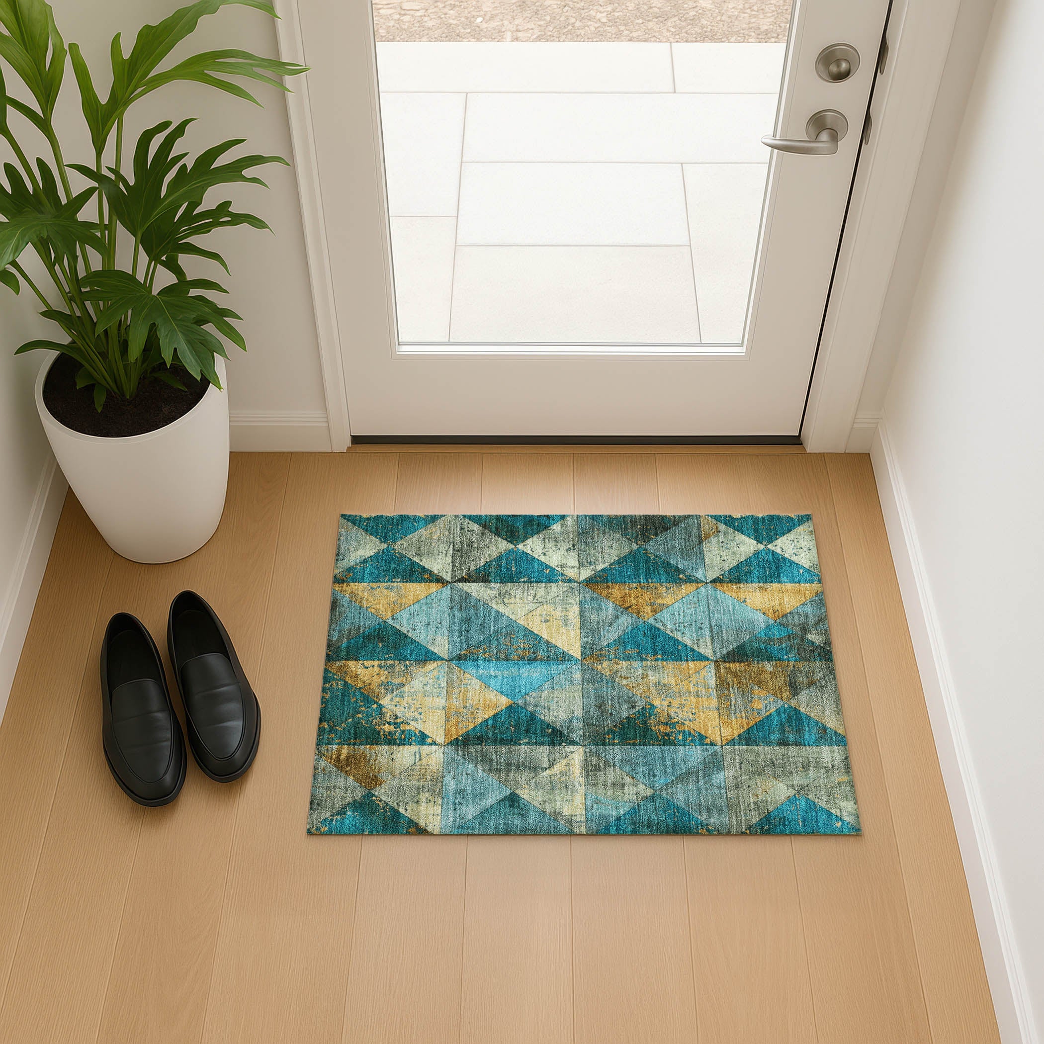 Havana Machine Washable Transitional Teal Rug 1'8" x 2'6" #shape_Rectangle