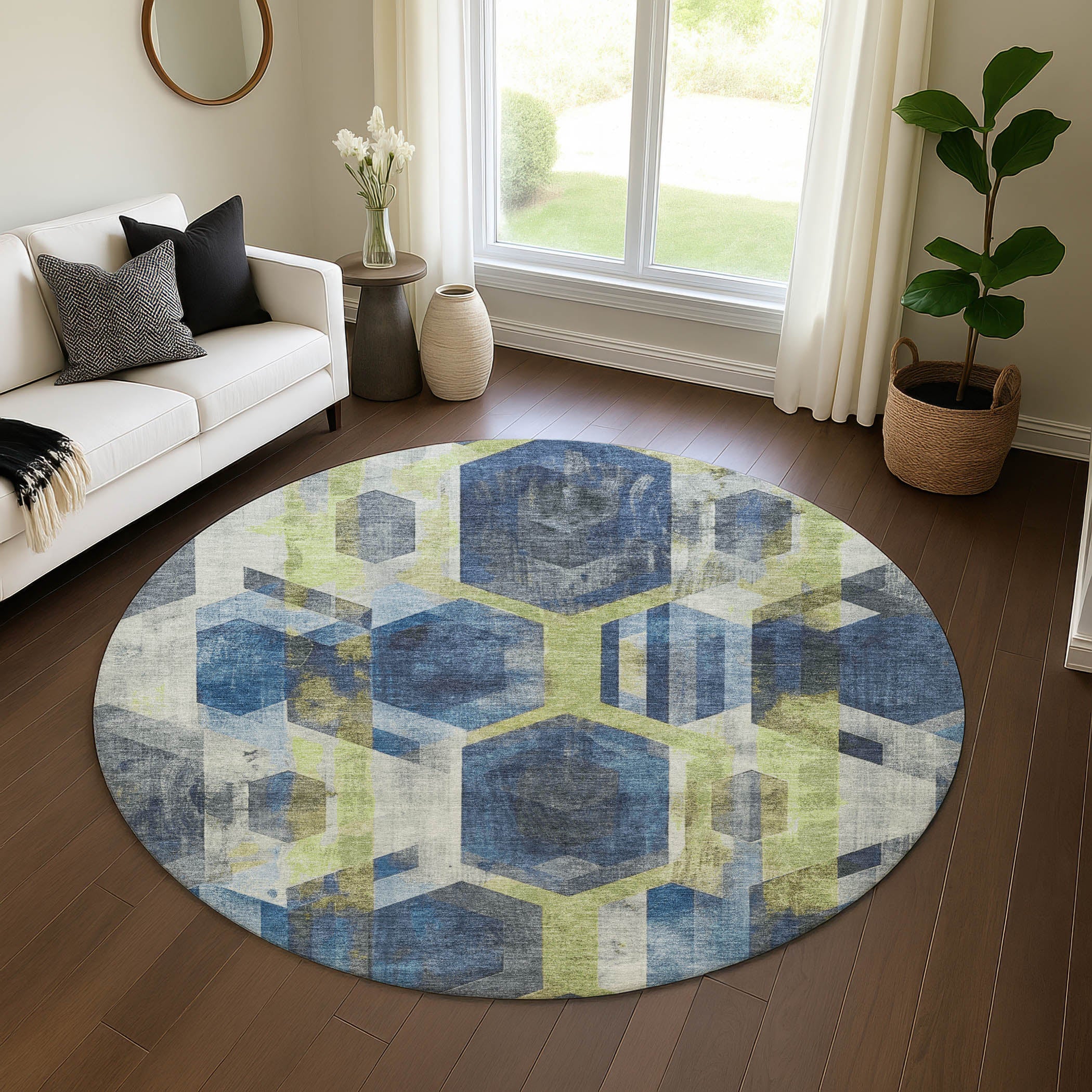 Montevideo Machine Washable Transitional Navy Blue Rug 8' x 8' #shape_Round