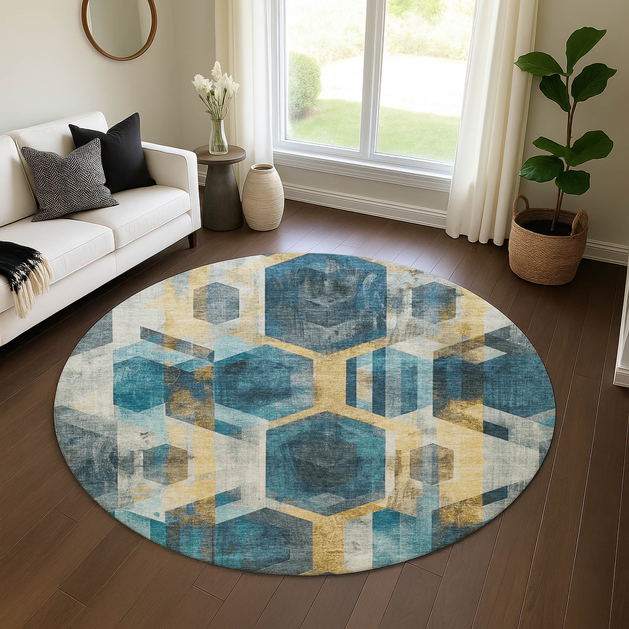 Montevideo Machine Washable Transitional Teal Rug 8' x 8' #shape_Round