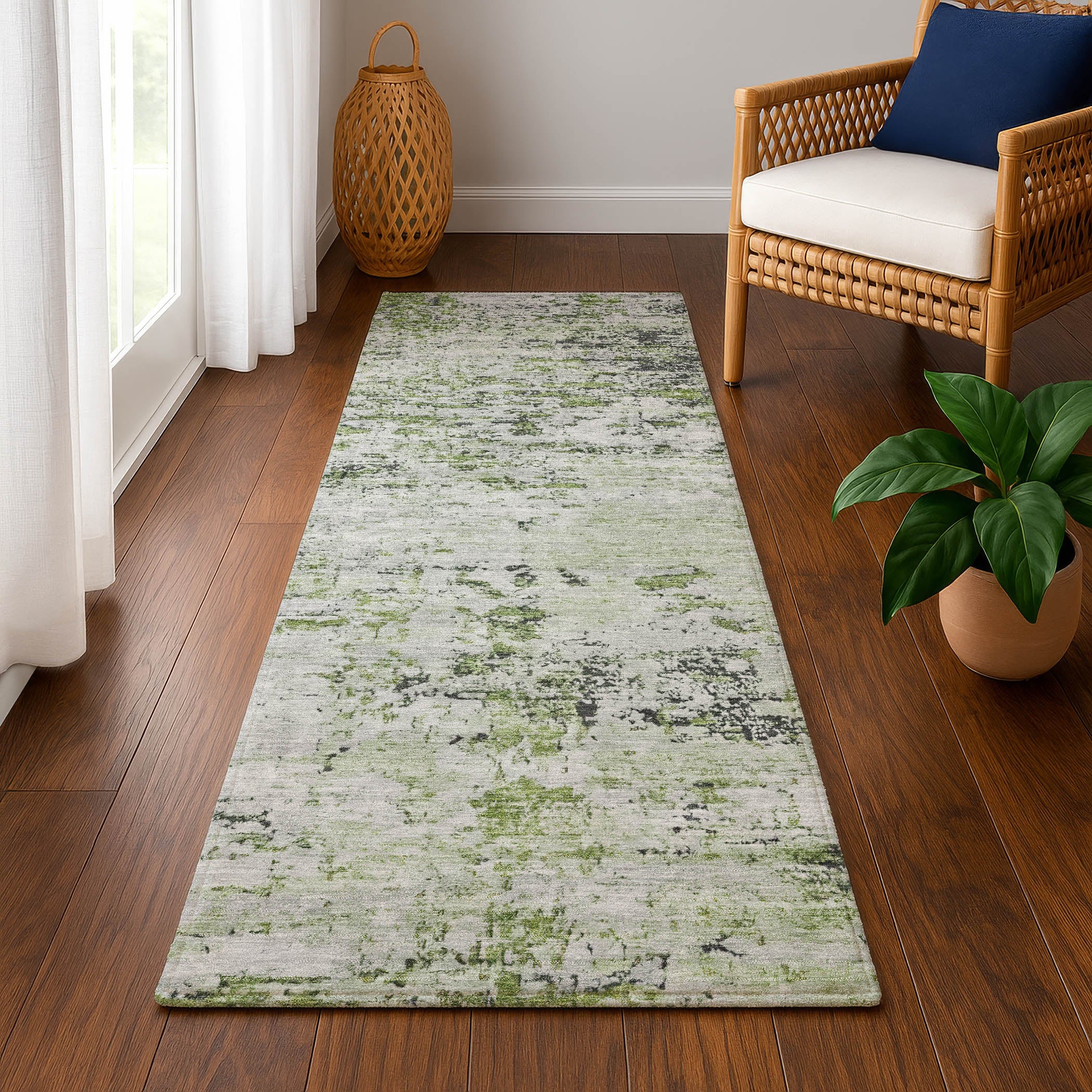 Queenstown Machine Washable Transitional Aloe Green Rug 2'3" x 7'6" #shape_Runner