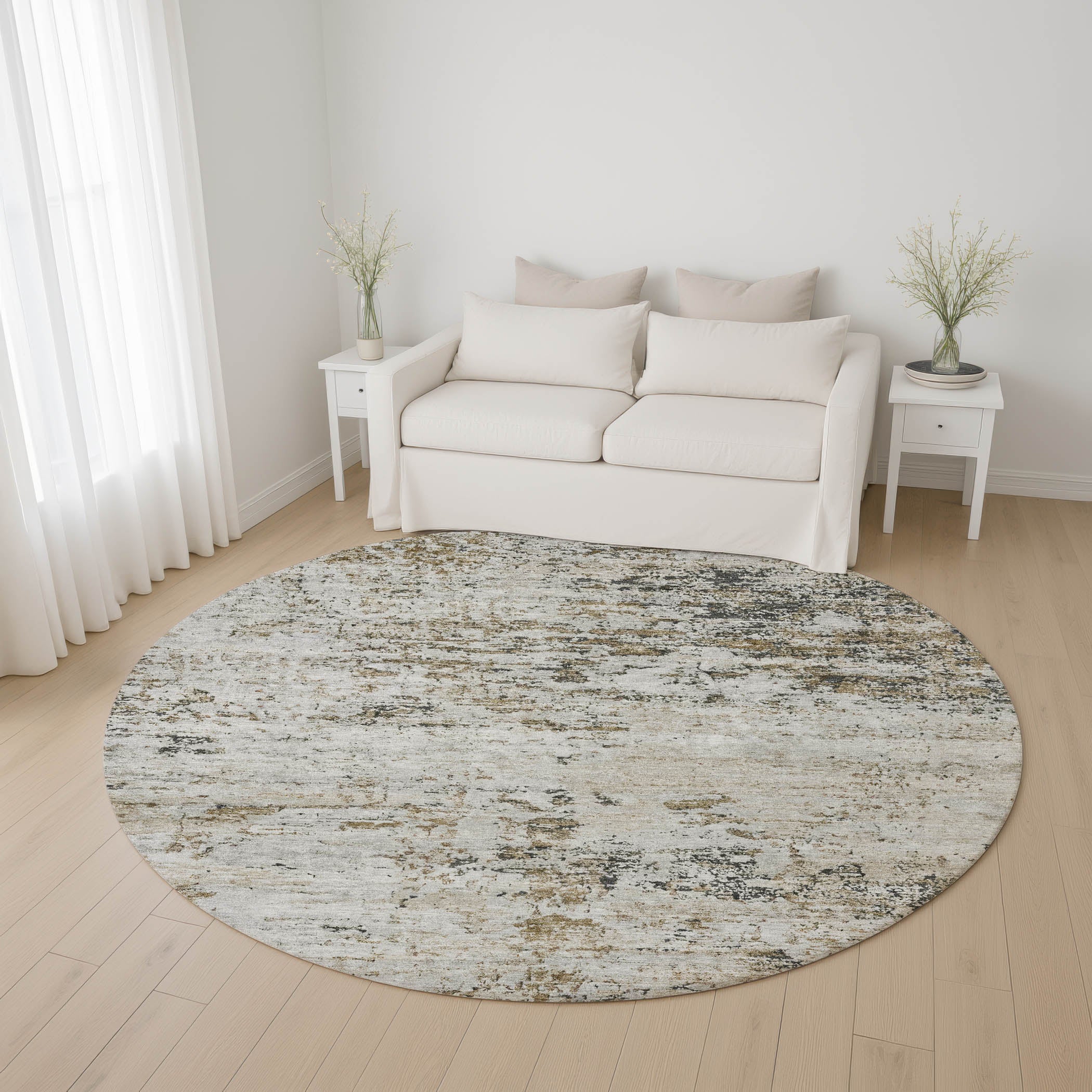 Queenstown Machine Washable Transitional Beige Brown Rug 8' x 8' #shape_Round