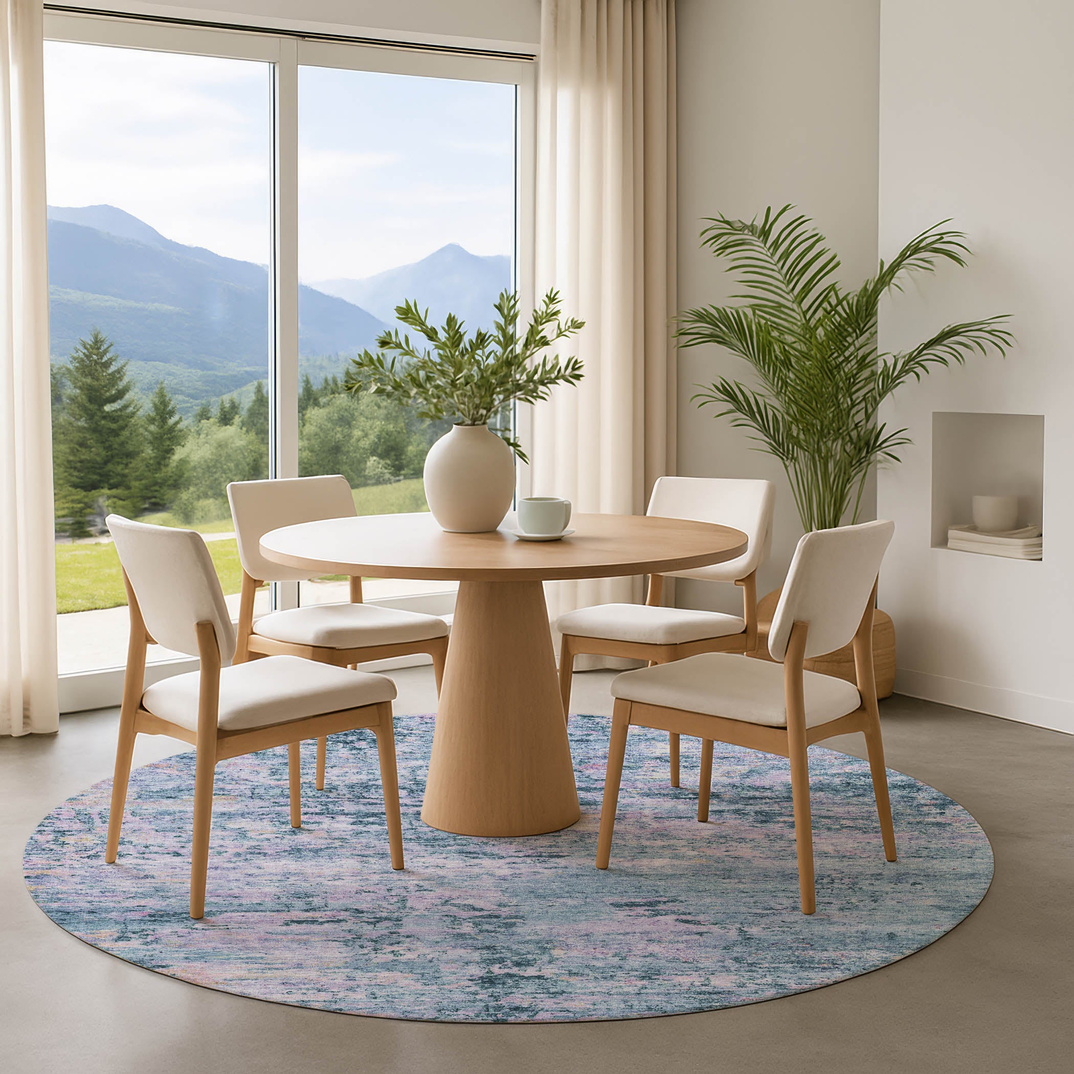Queenstown Machine Washable Transitional Blue Rug 8' x 8' #shape_Round