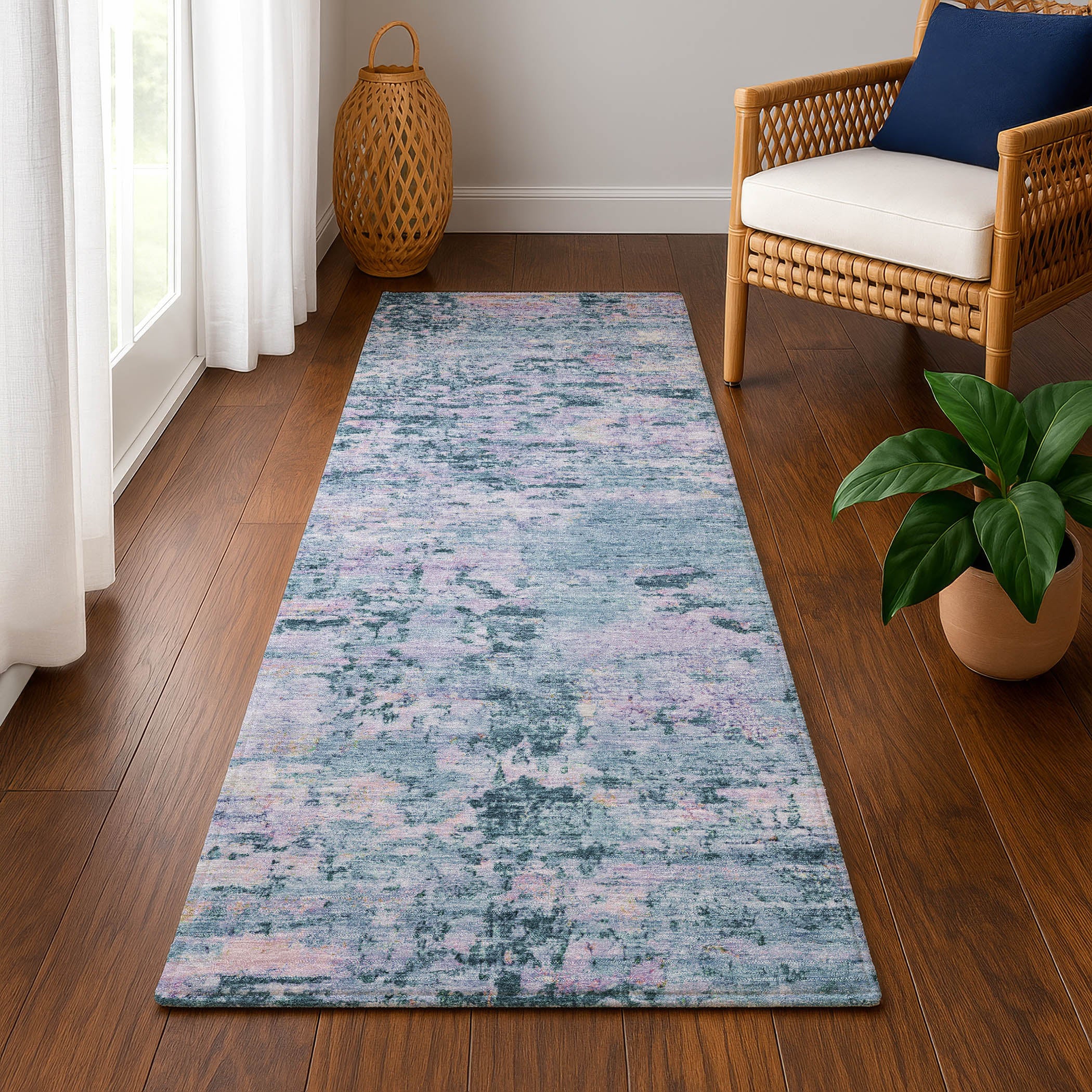 Queenstown Machine Washable Transitional Blue Rug 2'3" x 7'6" #shape_Runner