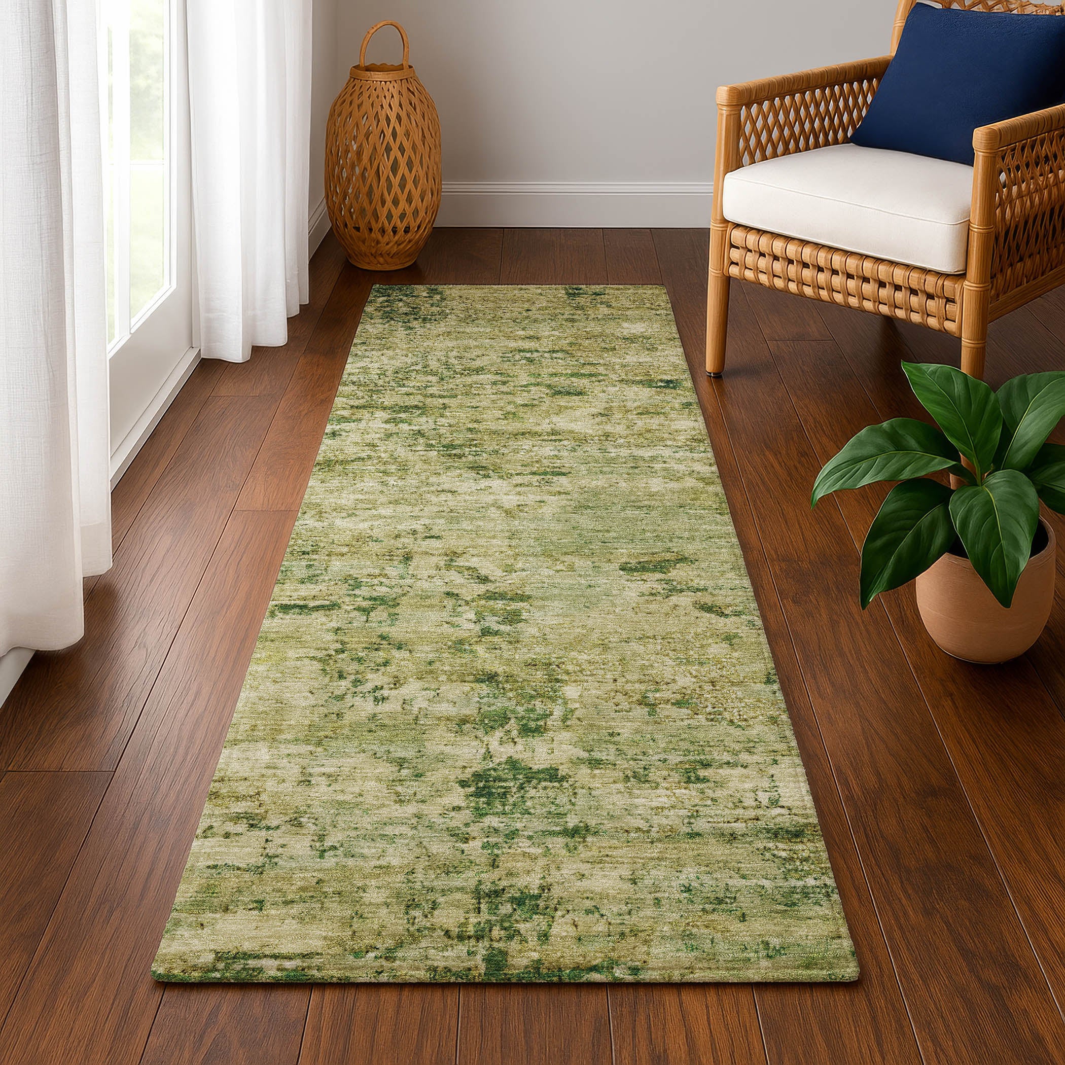 Queenstown Machine Washable Transitional Fern Green Rug 2'3" x 7'6" #shape_Runner