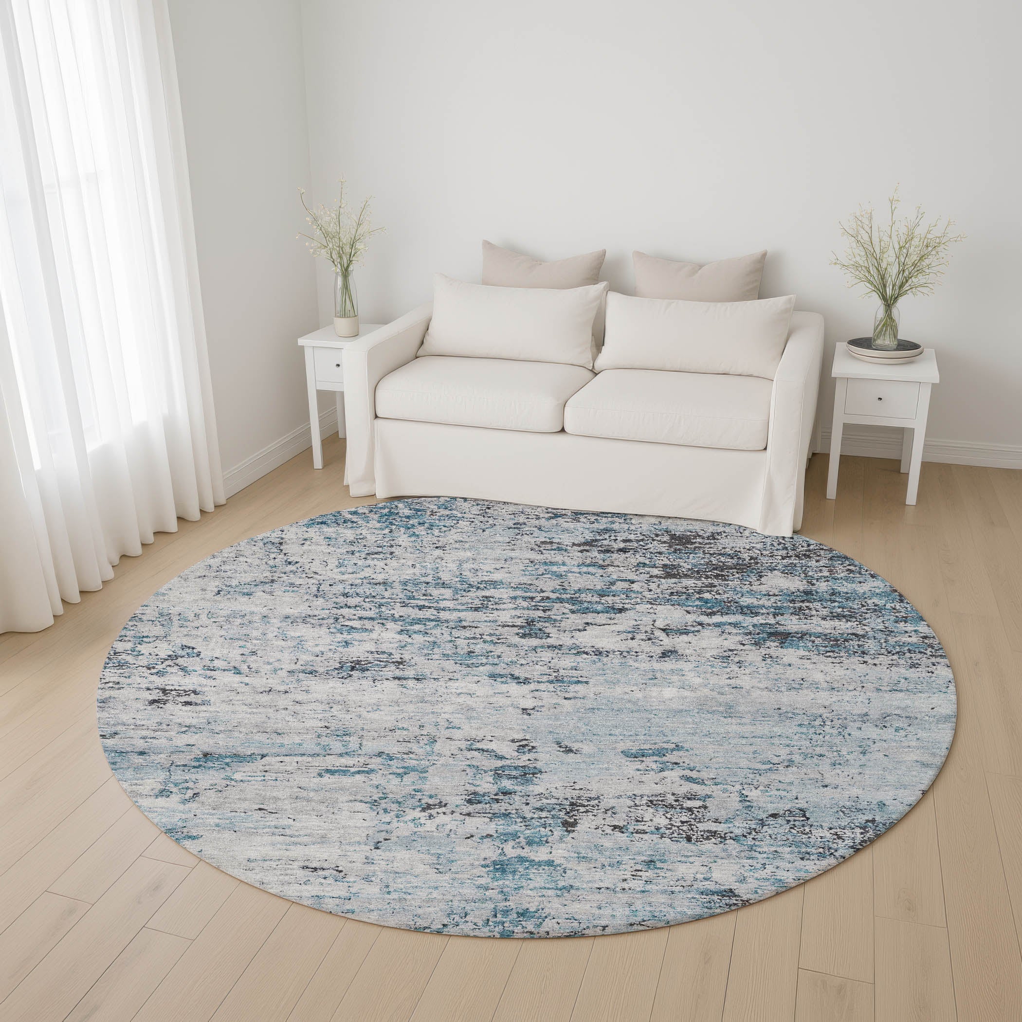 Queenstown Machine Washable Transitional Sky Blue Rug 8' x 8' #shape_Round