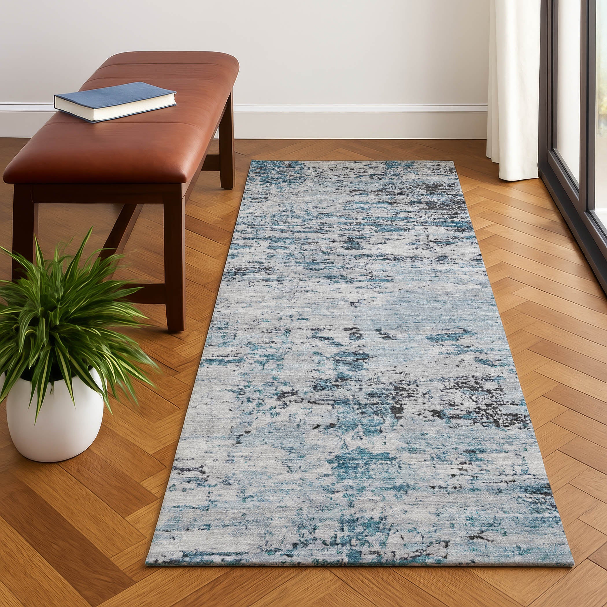 Queenstown Machine Washable Transitional Sky Blue Rug 2'3" x 7'6" #shape_Runner