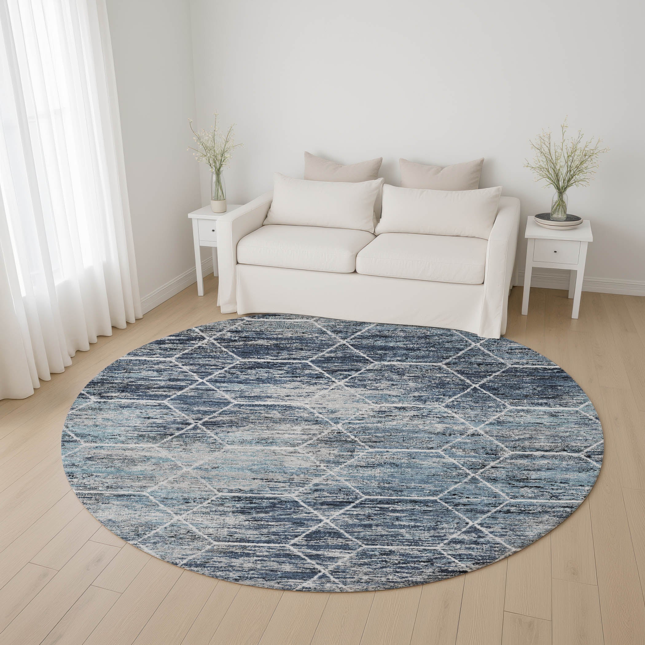 Seoul Machine Washable Transitional Blue Rug 8' x 8' #shape_Round