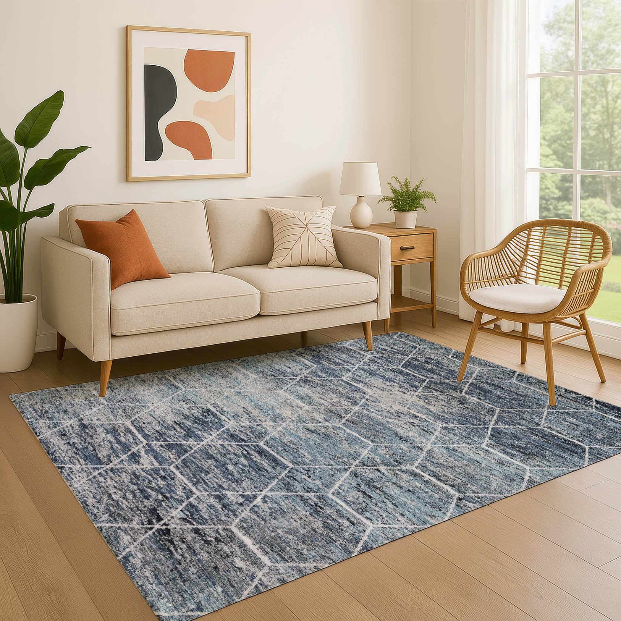 Seoul Machine Washable Transitional Blue Rug 2'6" x 3'10" #shape_Rectangle