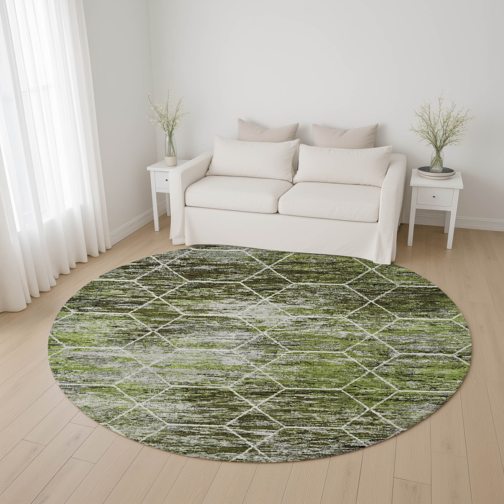 Seoul Machine Washable Transitional Olive Green Rug 8' x 8' #shape_Round
