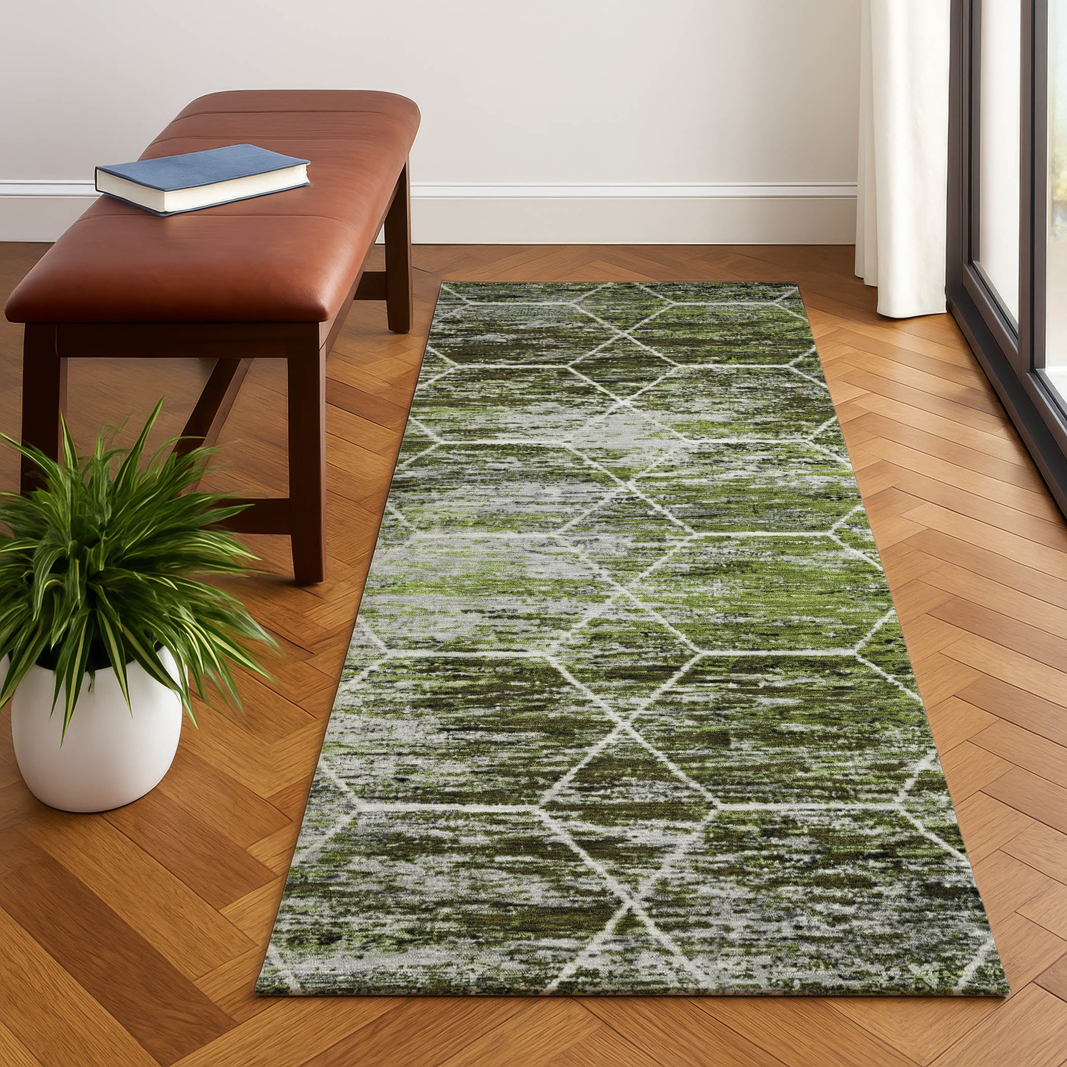 Seoul Machine Washable Transitional Olive Green Rug 2'3" x 7'6" #shape_Runner