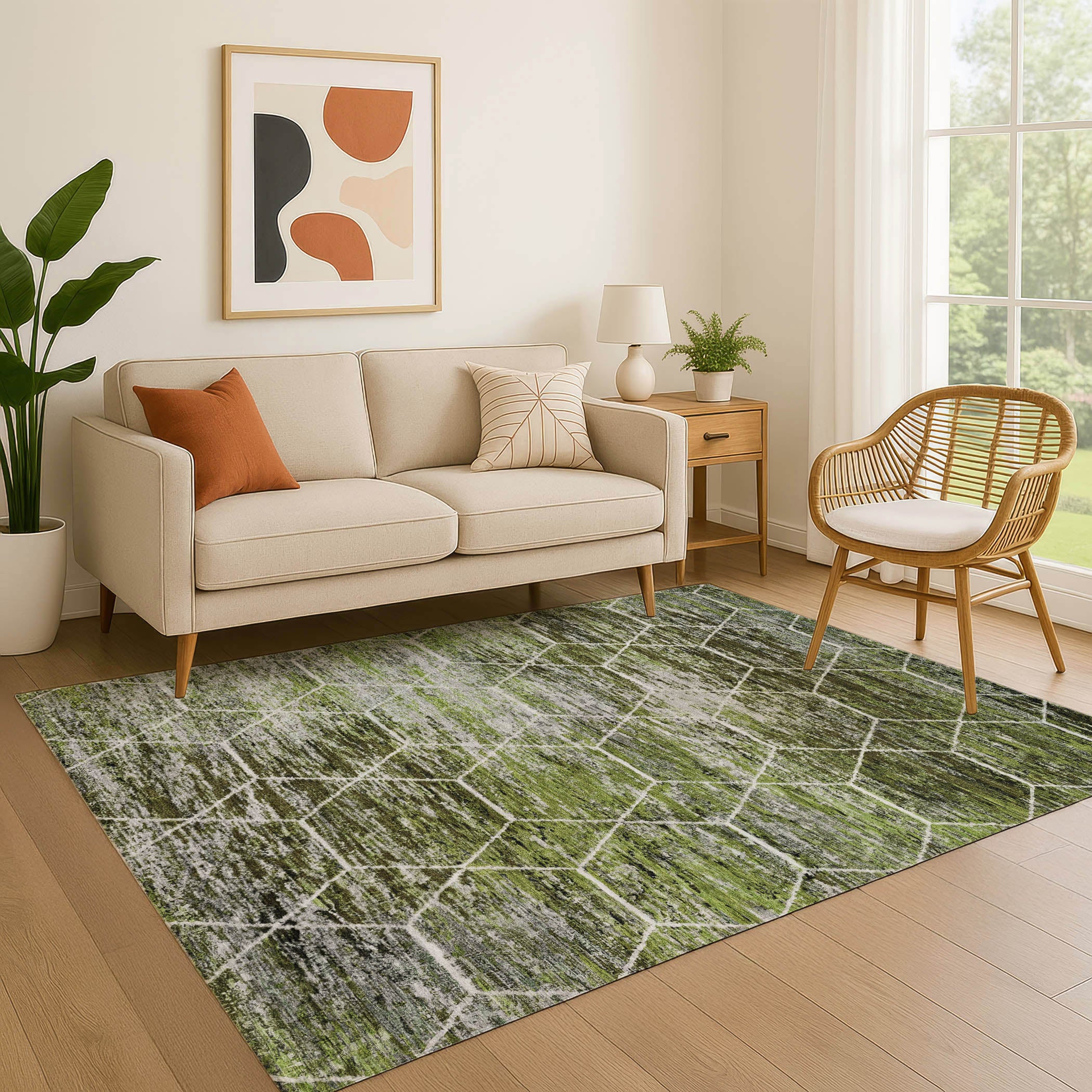 Seoul Machine Washable Transitional Olive Green Rug 2'6" x 3'10" #shape_Rectangle