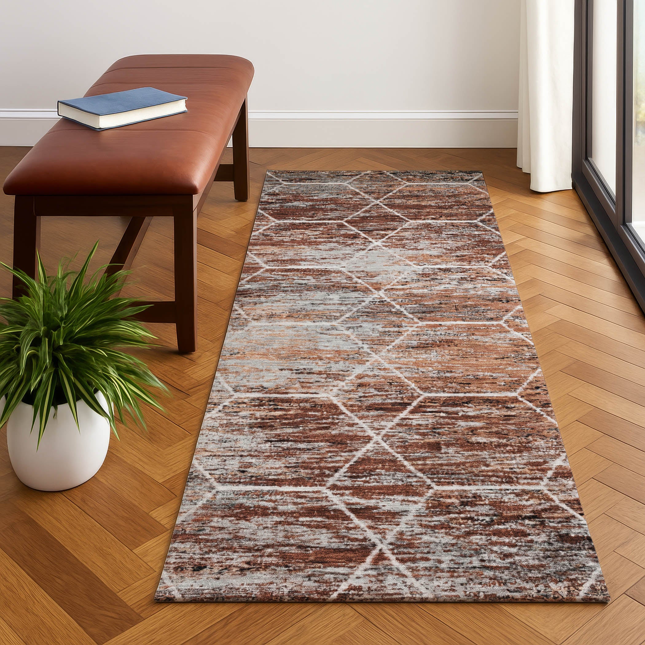 Seoul Machine Washable Transitional Paprika Orange Rug 2'3" x 7'6" #shape_Runner