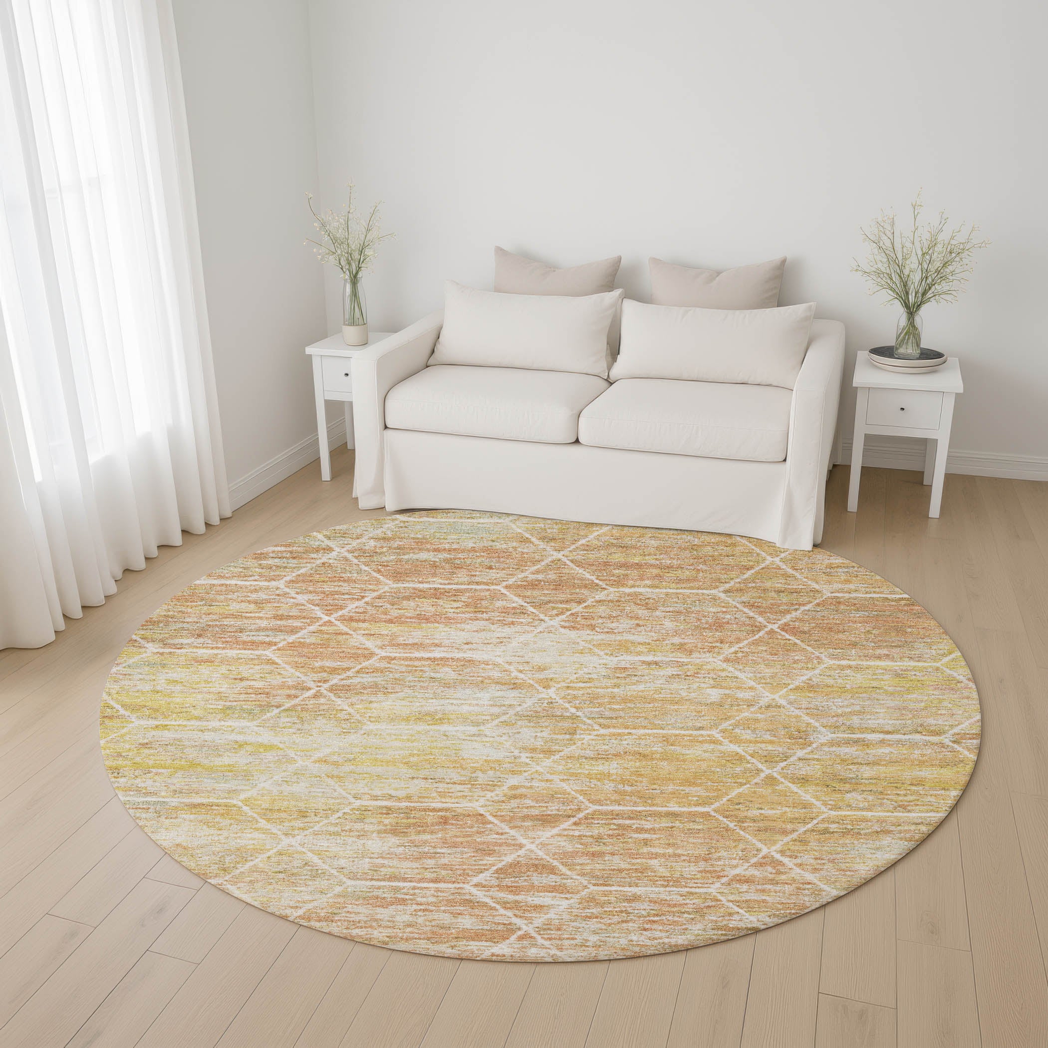 Seoul Machine Washable Transitional Salmon Orange Rug 8' x 8' #shape_Round