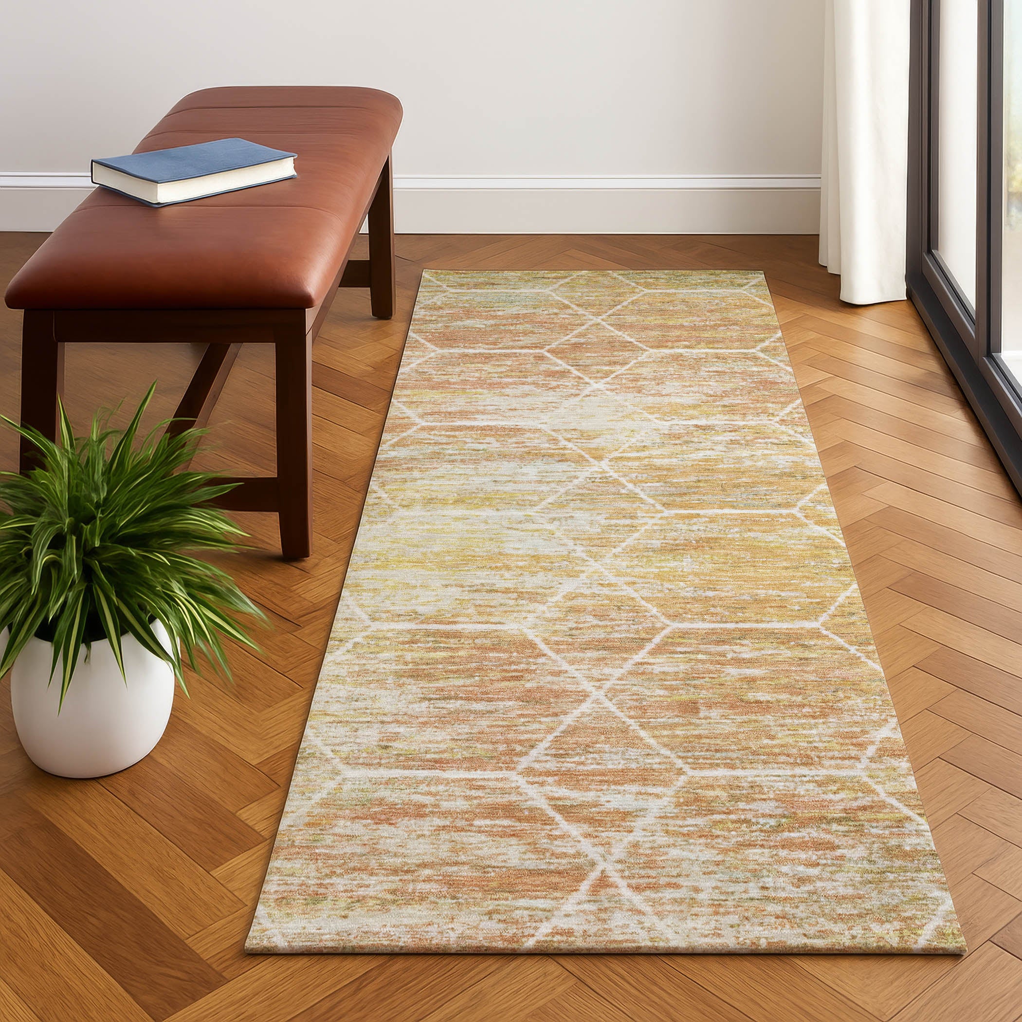 Seoul Machine Washable Transitional Salmon Orange Rug 2'3" x 7'6" #shape_Runner
