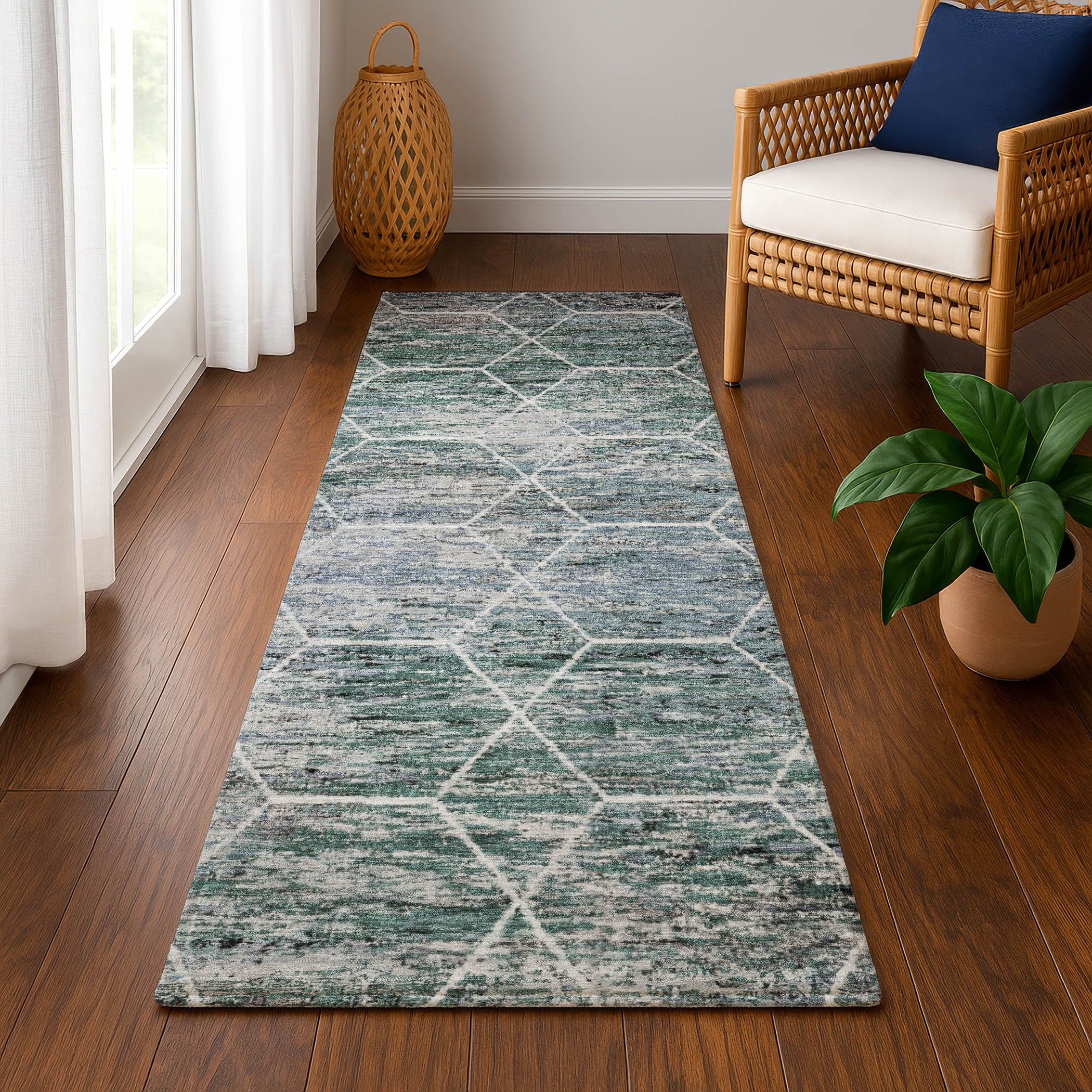 Seoul Machine Washable Transitional Teal Rug 2'3" x 7'6" #shape_Runner