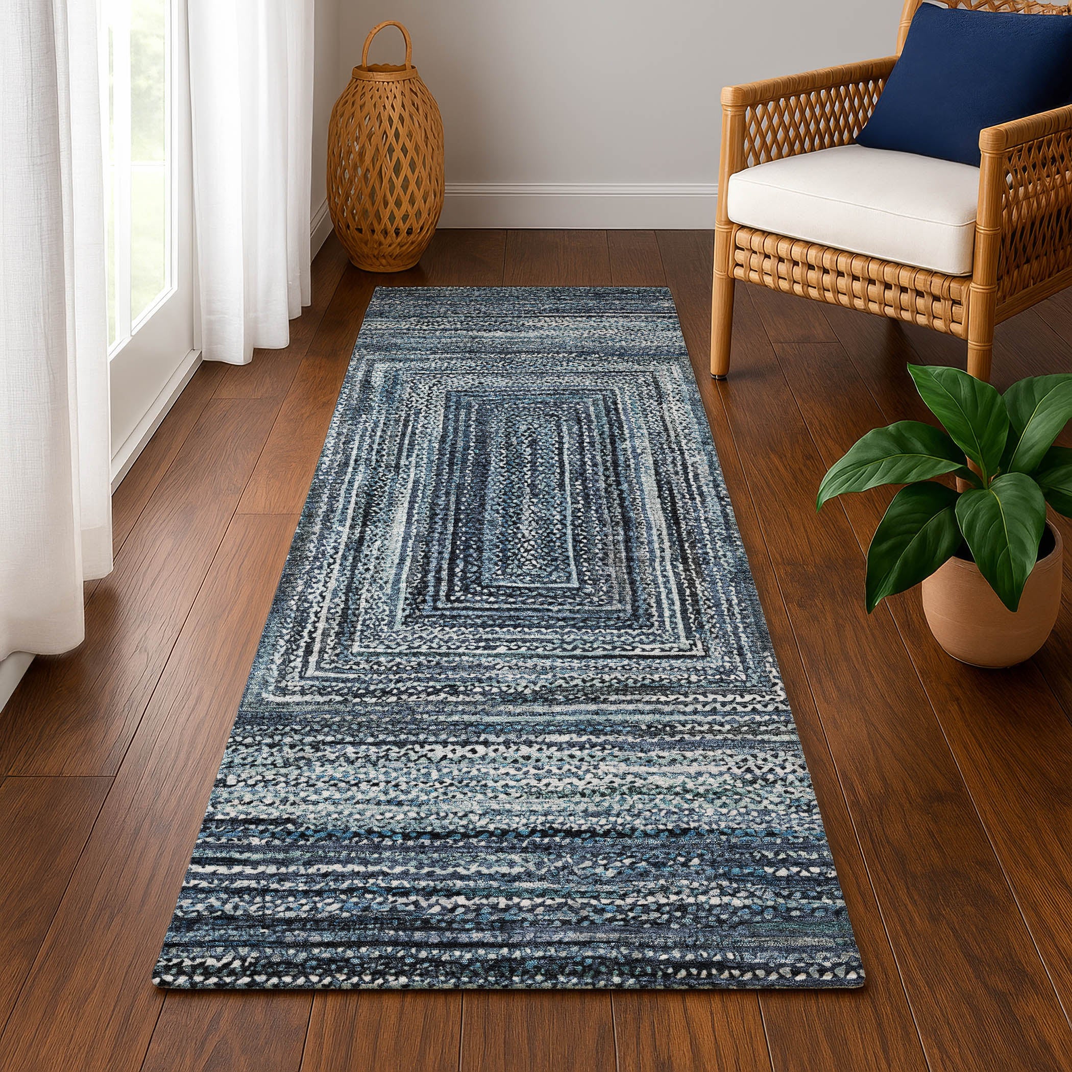 Vienna Machine Washable Transitional Blue Rug 2'3" x 7'6" #shape_Runner