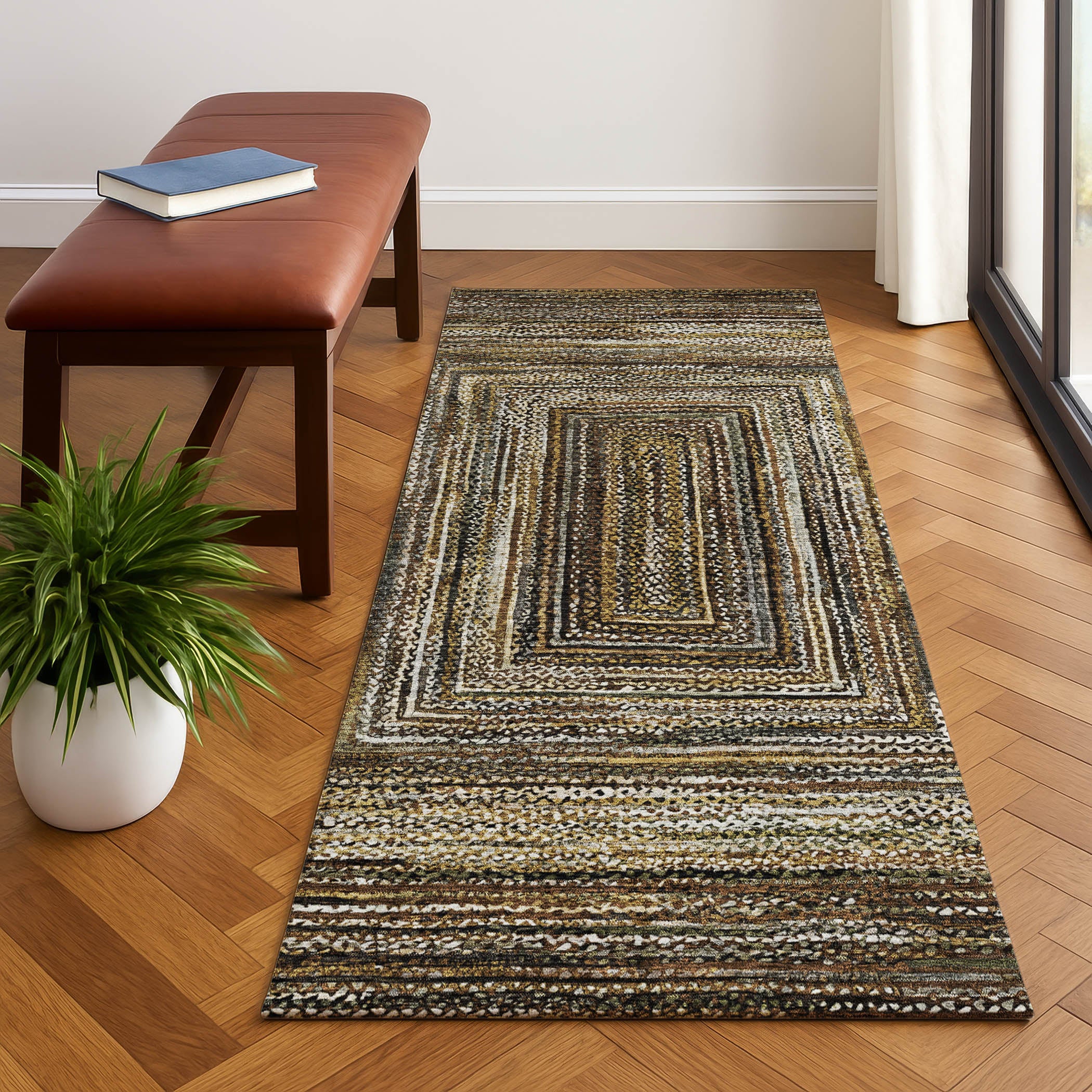 Vienna Machine Washable Transitional Brown Rug 2'3" x 7'6" #shape_Runner