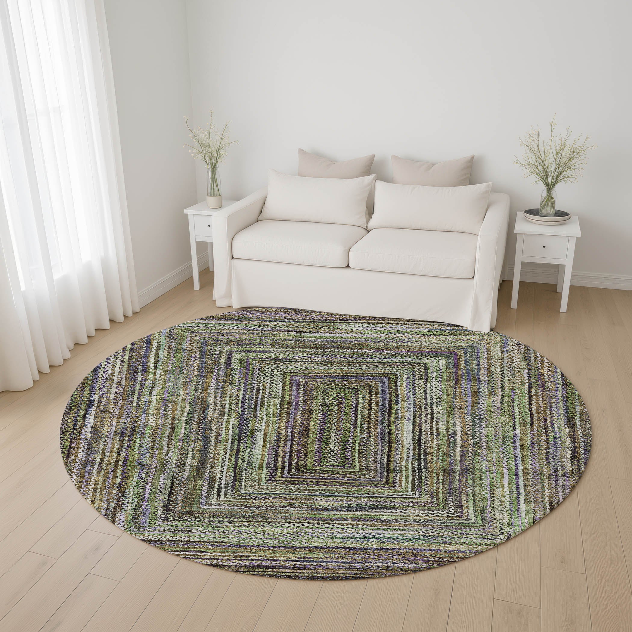 Vienna Machine Washable Transitional Olive Green Rug 8' x 8' #shape_Round