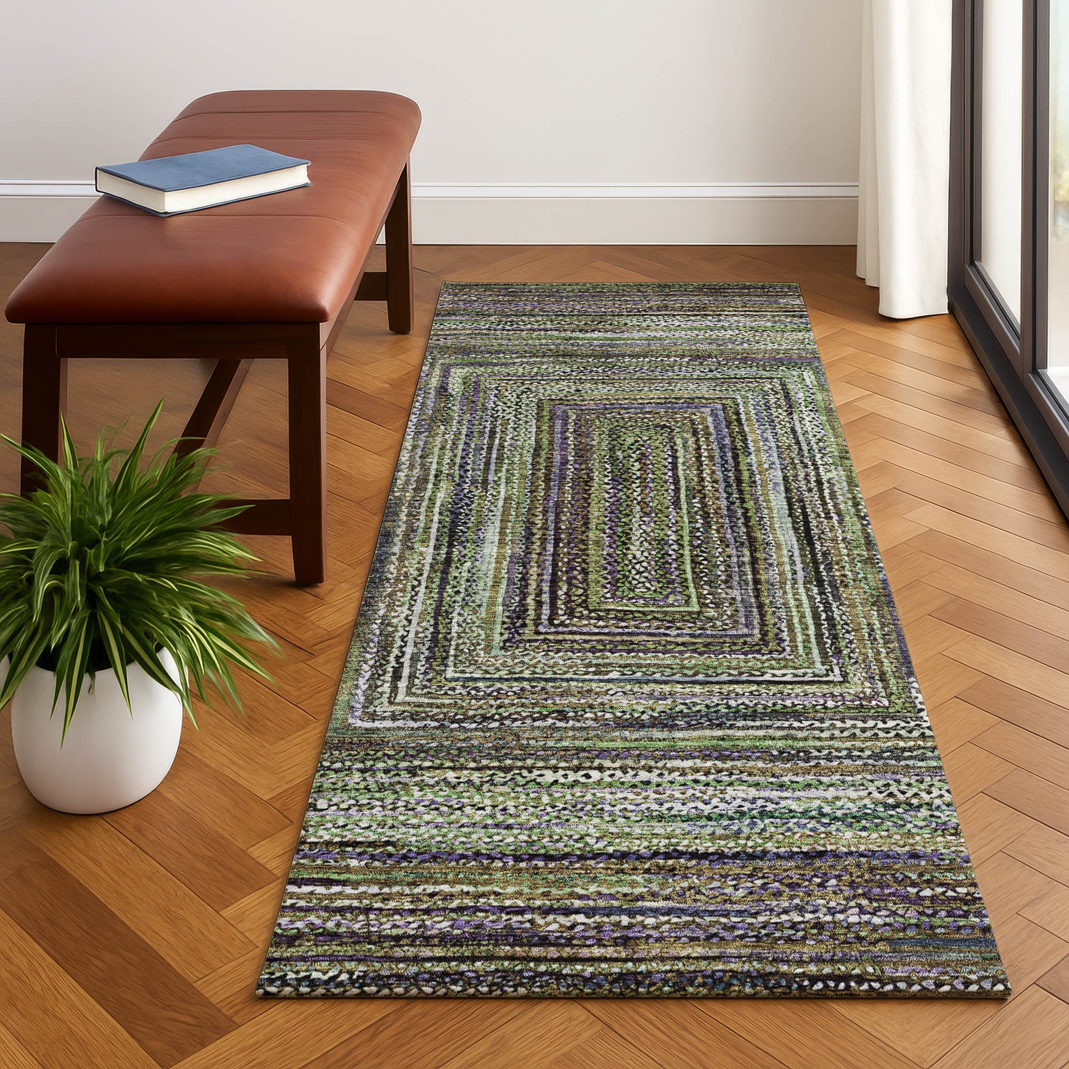 Vienna Machine Washable Transitional Olive Green Rug 2'3" x 7'6" #shape_Runner