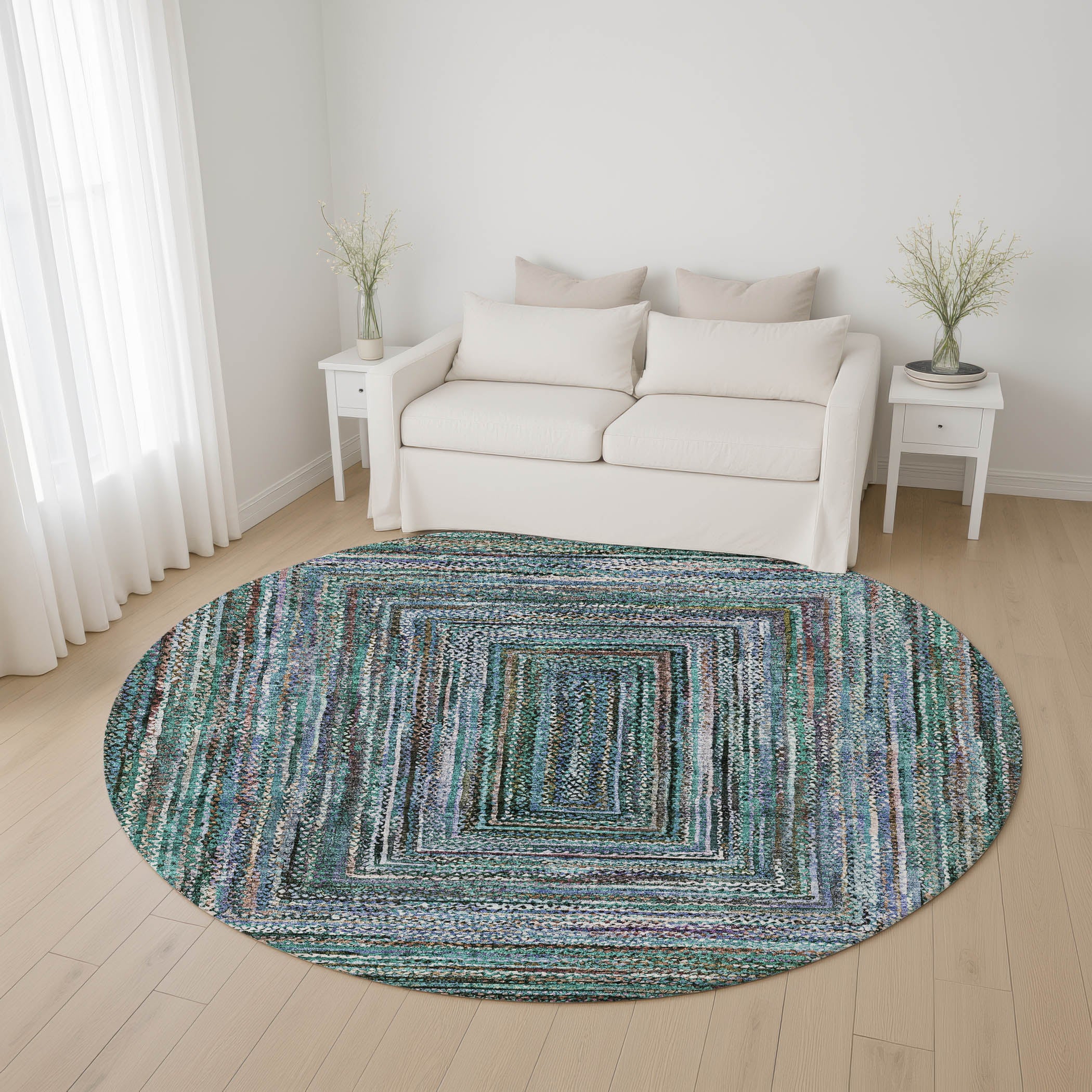 Vienna Machine Washable Transitional Teal Rug 8' x 8' #shape_Round