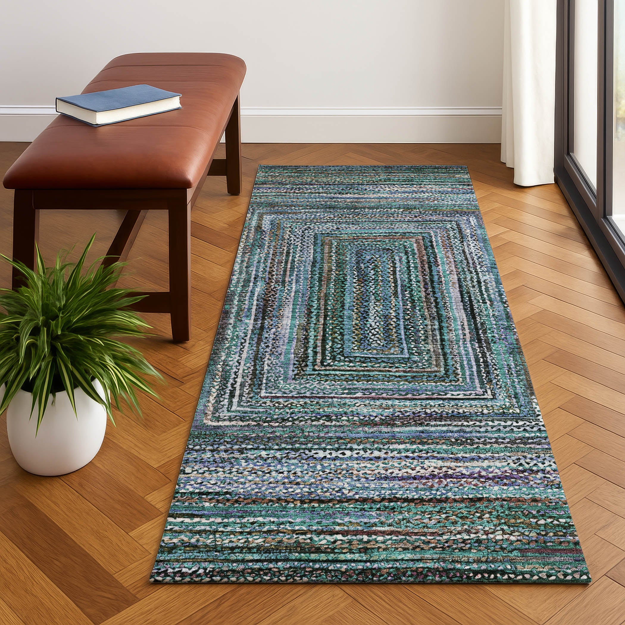 Vienna Machine Washable Transitional Teal Rug 2'3" x 7'6" #shape_Runner