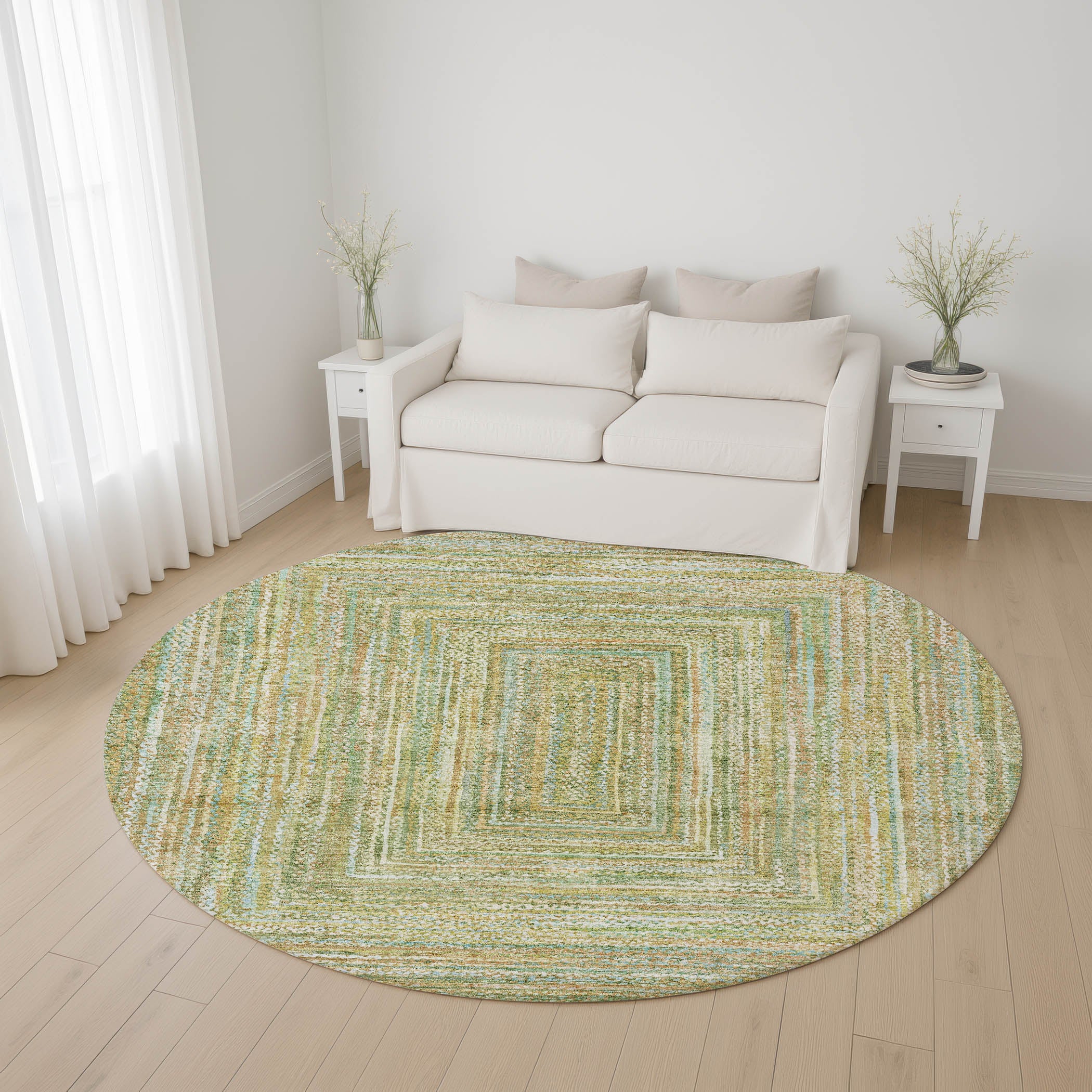 Seoul Machine Washable Transitional Aloe Green Rug 8' x 8' #shape_Round