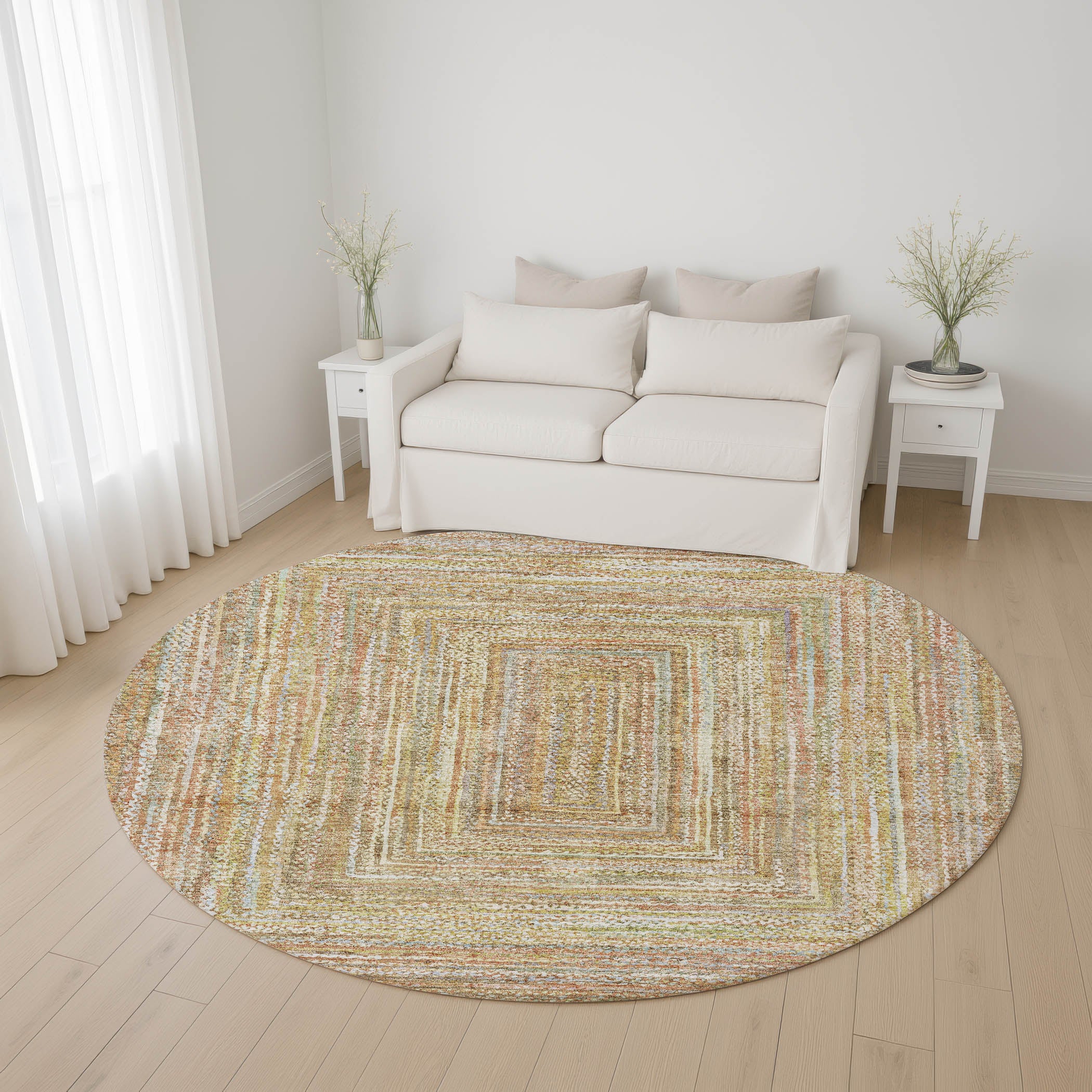 Seoul Machine Washable Transitional Tan Brown Rug 8' x 8' #shape_Round