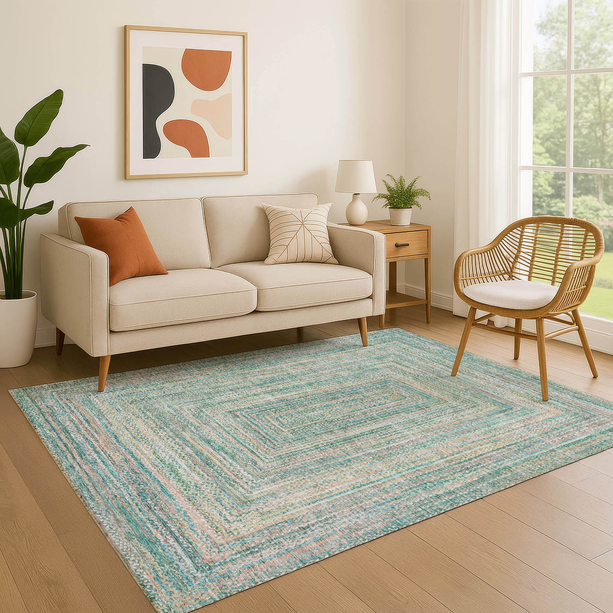 Seoul Machine Washable Transitional Teal Rug 2'6" x 3'10" #shape_Rectangle
