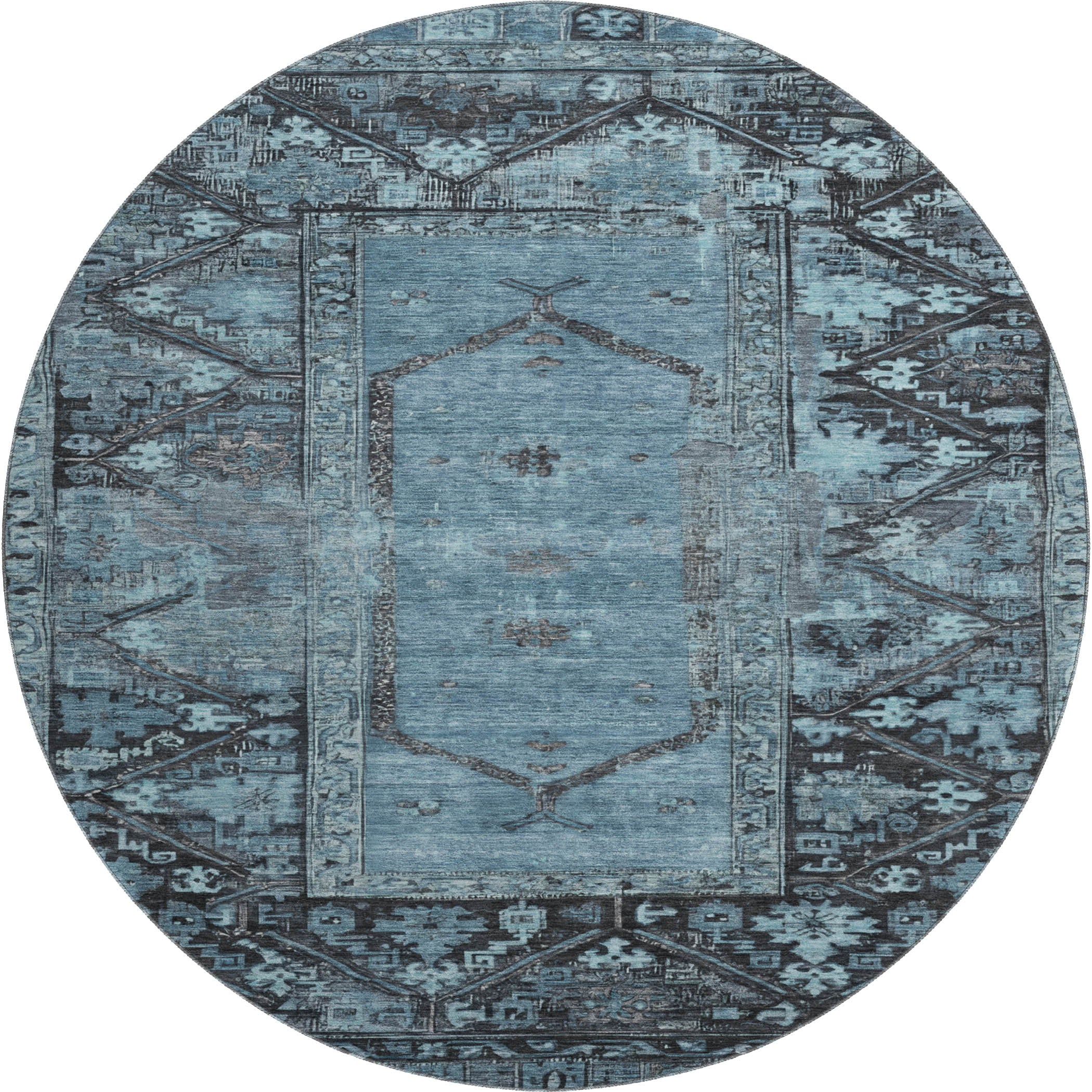 Cusco Machine Washable Traditional Blue Rug 8' x 8' #shape_Round