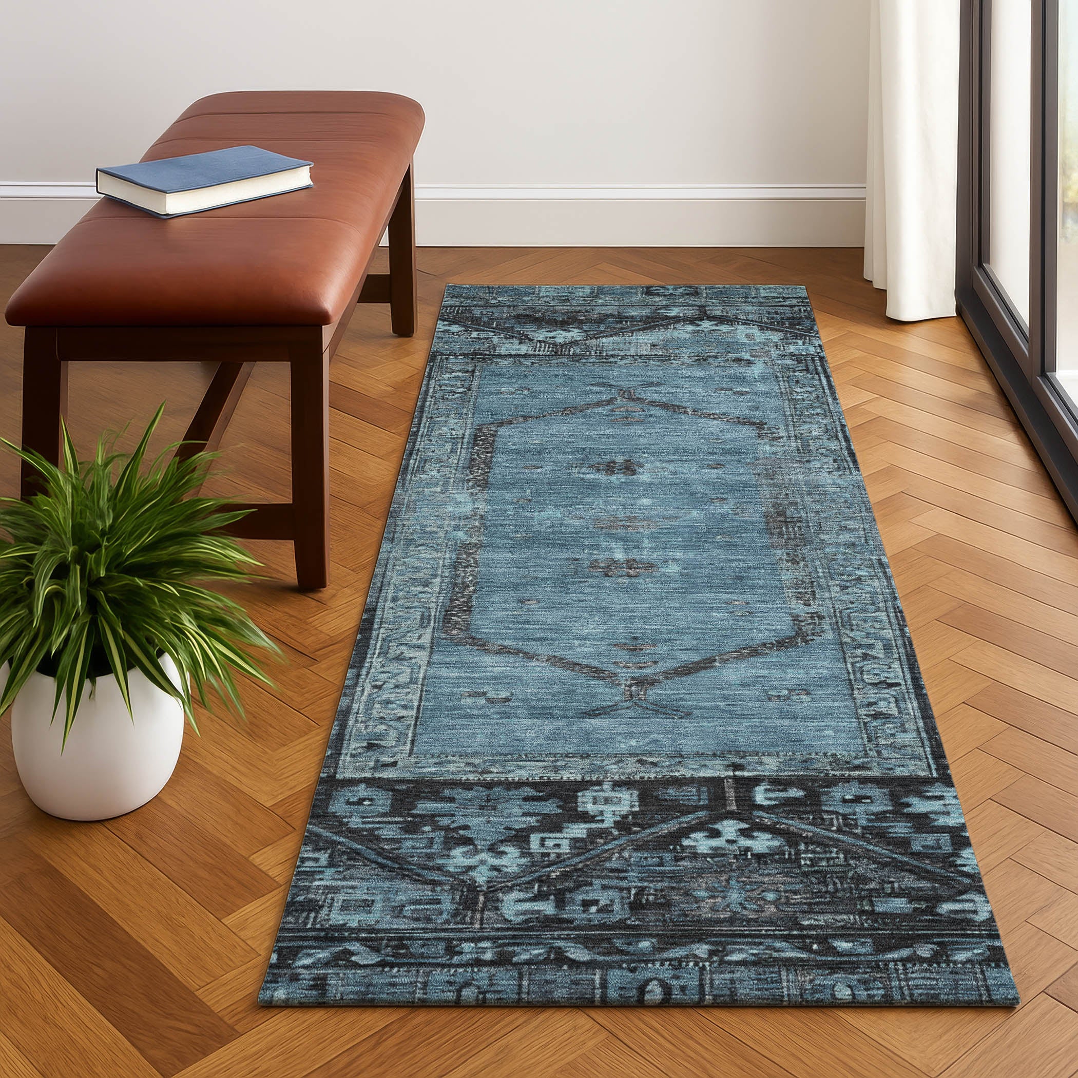 Cusco Machine Washable Traditional Blue Rug 2'3" x 7'6" #shape_Runner