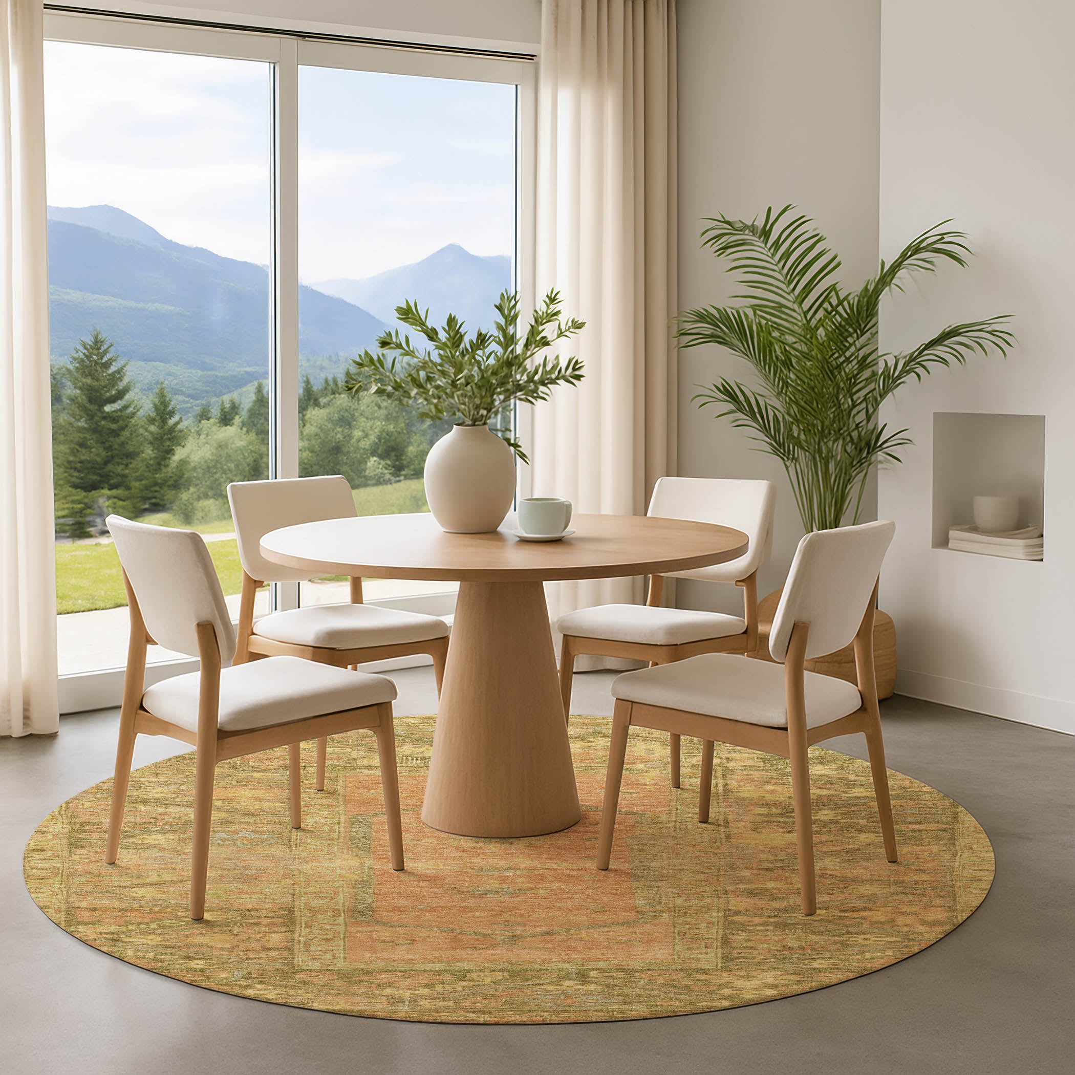 Cusco Machine Washable Traditional Coral Orange Rug 8' x 8' #shape_Round
