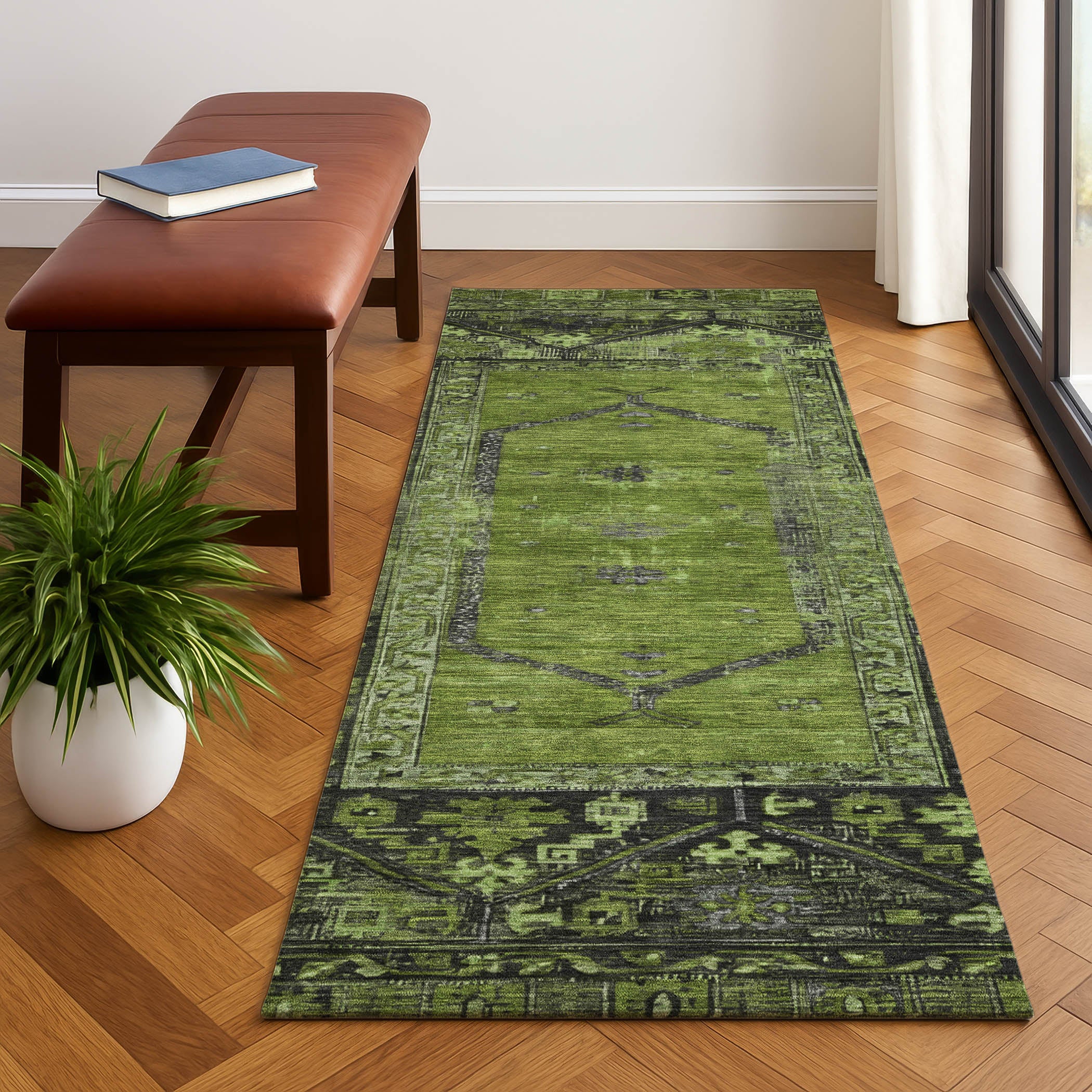 Cusco Machine Washable Traditional Olive Green Rug 2'3" x 7'6" #shape_Runner