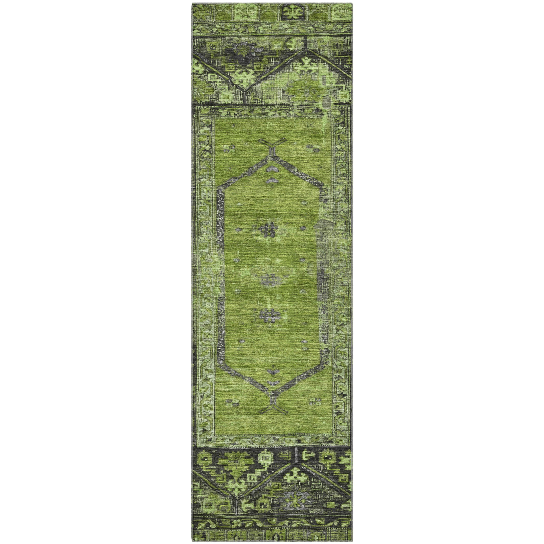 Cusco Machine Washable Traditional Olive Green Rug 2'3" x 7'6" #shape_Runner