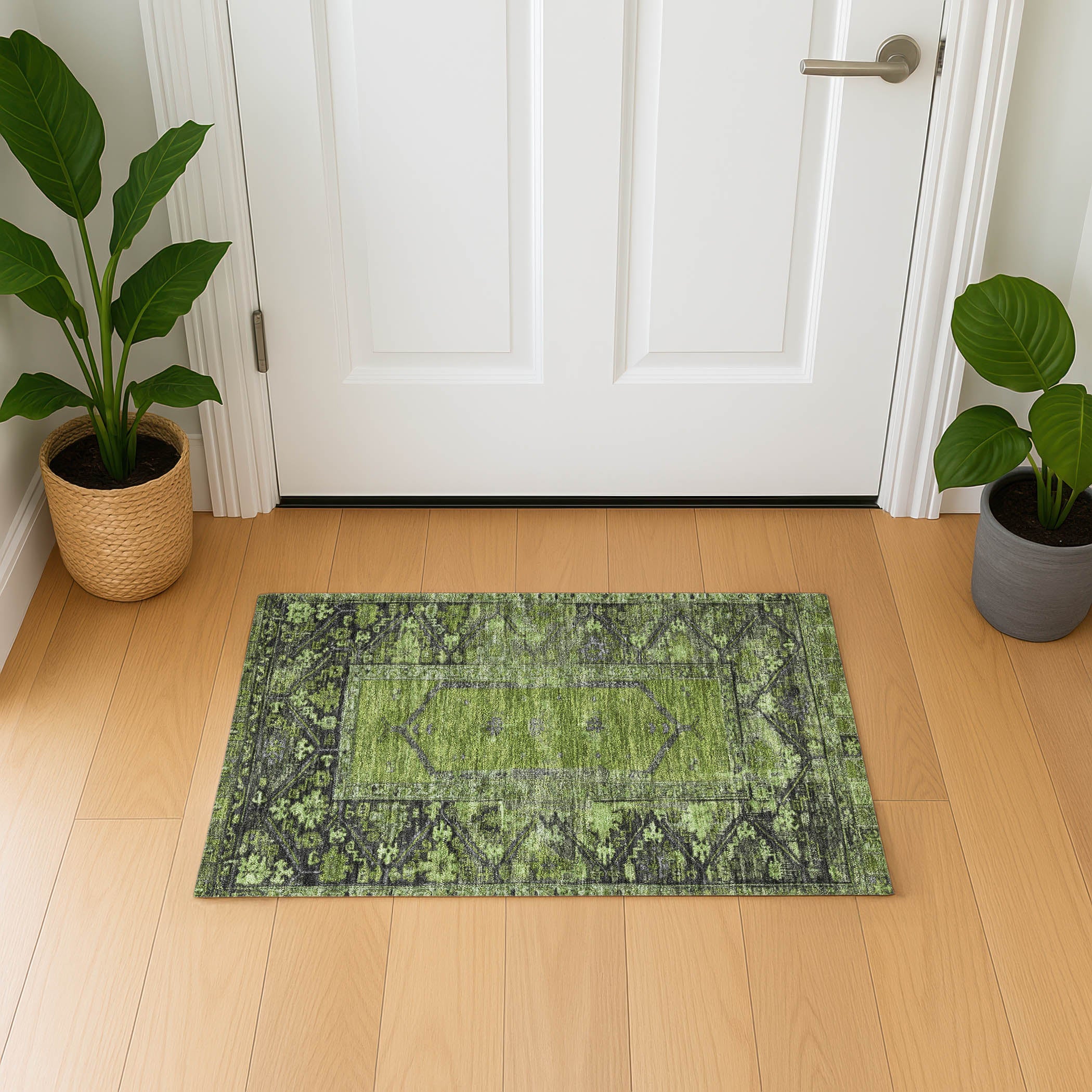 Cusco Machine Washable Traditional Olive Green Rug 1'8" x 2'6" #shape_Rectangle