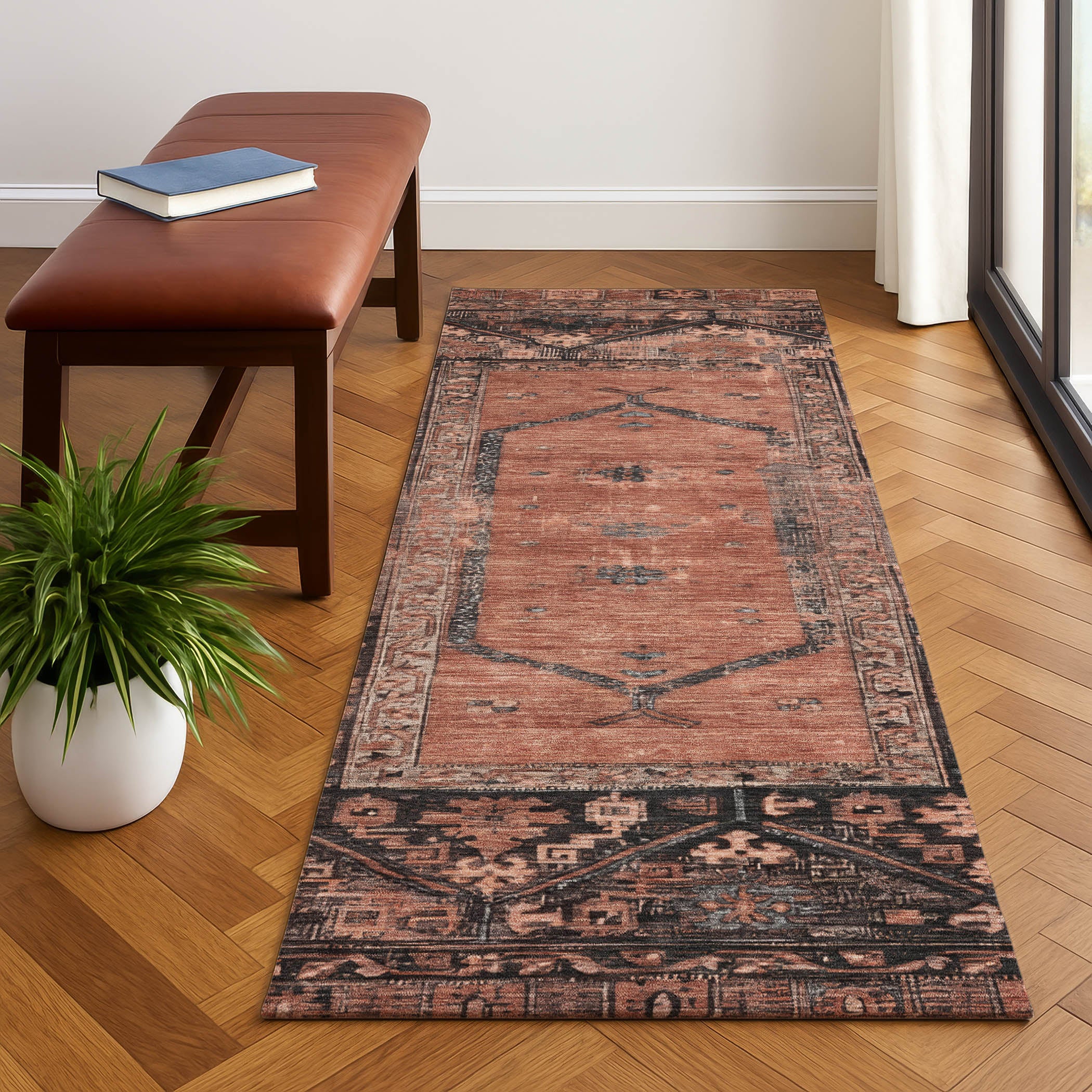 Cusco Machine Washable Traditional Terracotta Orange Rug 2'3" x 7'6" #shape_Runner