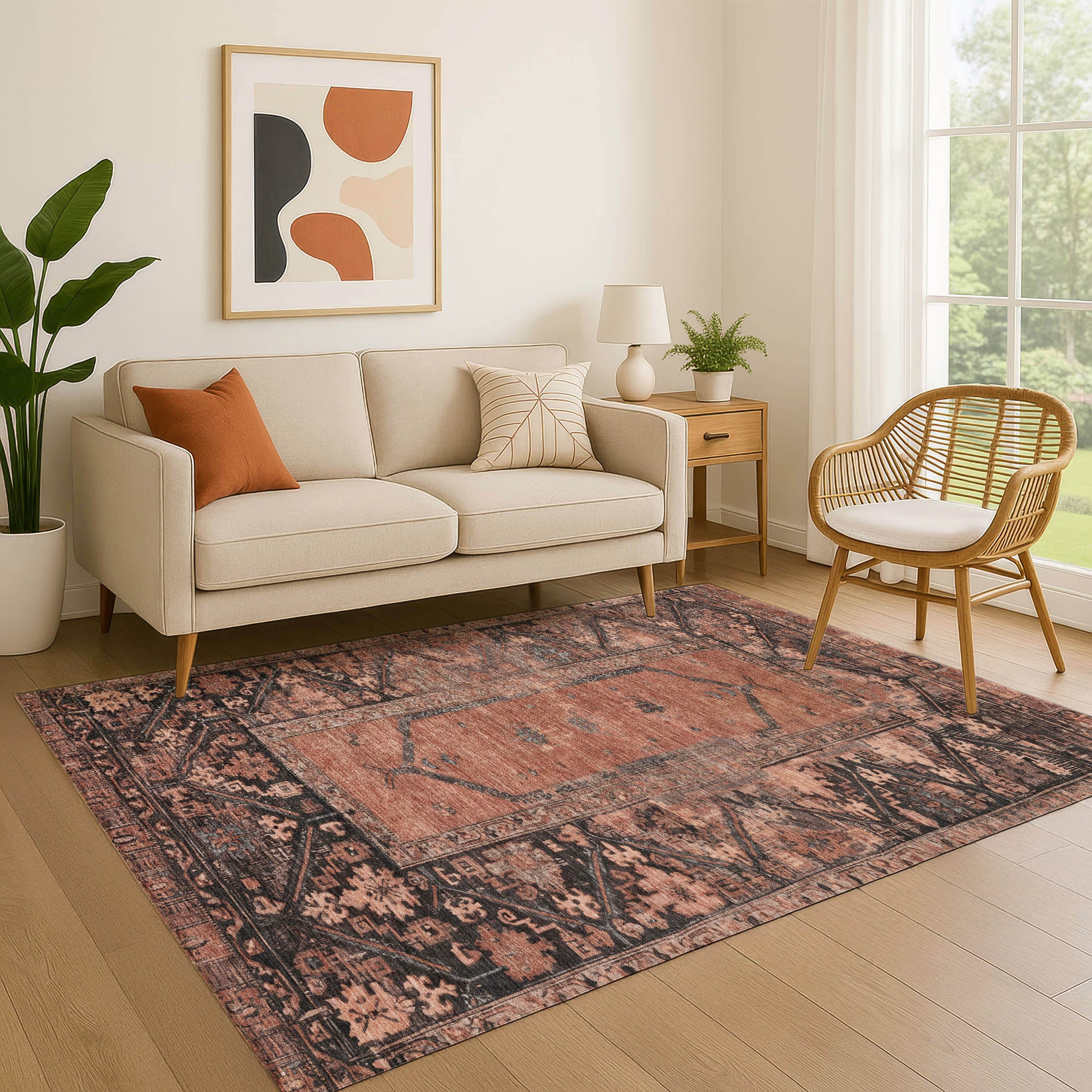 Cusco Machine Washable Traditional Terracotta Orange Rug 2'6" x 3'10" #shape_Rectangle