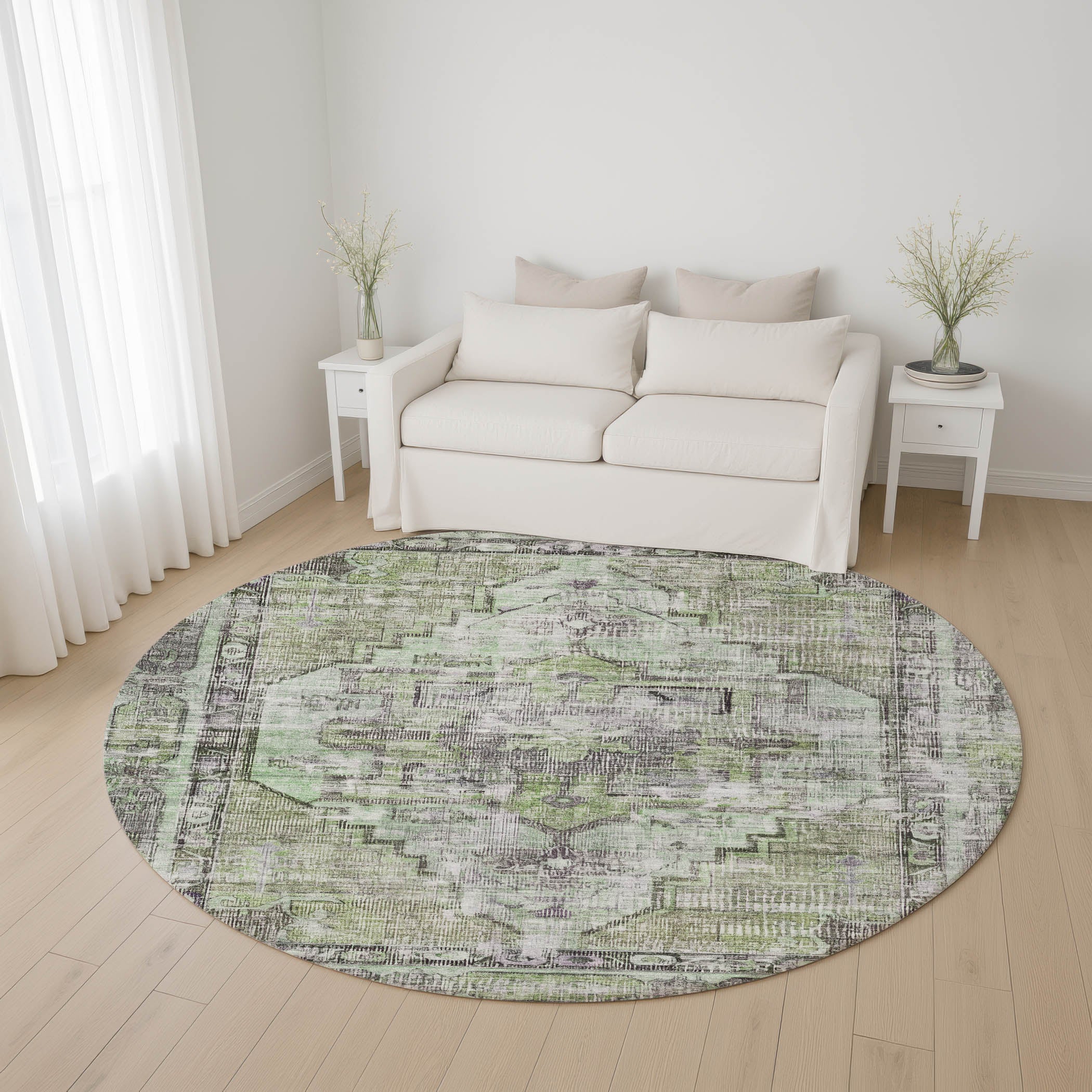 Istanbul Machine Washable Traditional Aloe Green Rug 8' x 8' #shape_Round