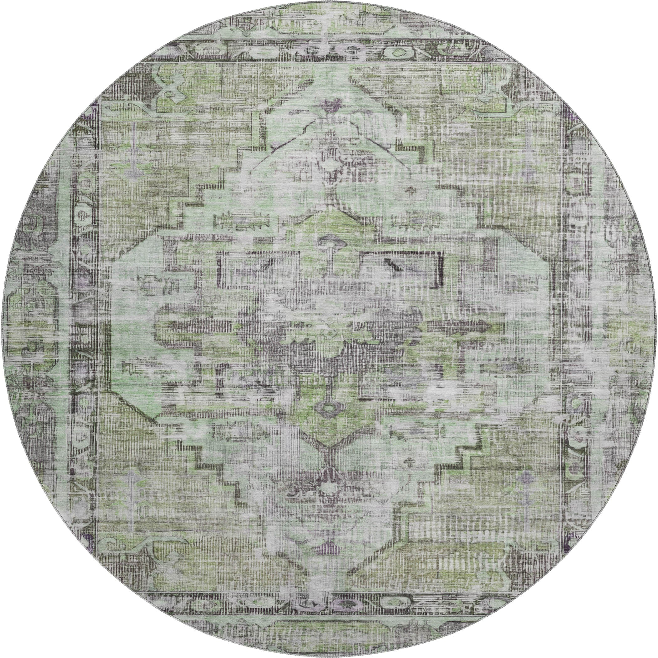 Istanbul Machine Washable Traditional Aloe Green Rug 8' x 8' #shape_Round